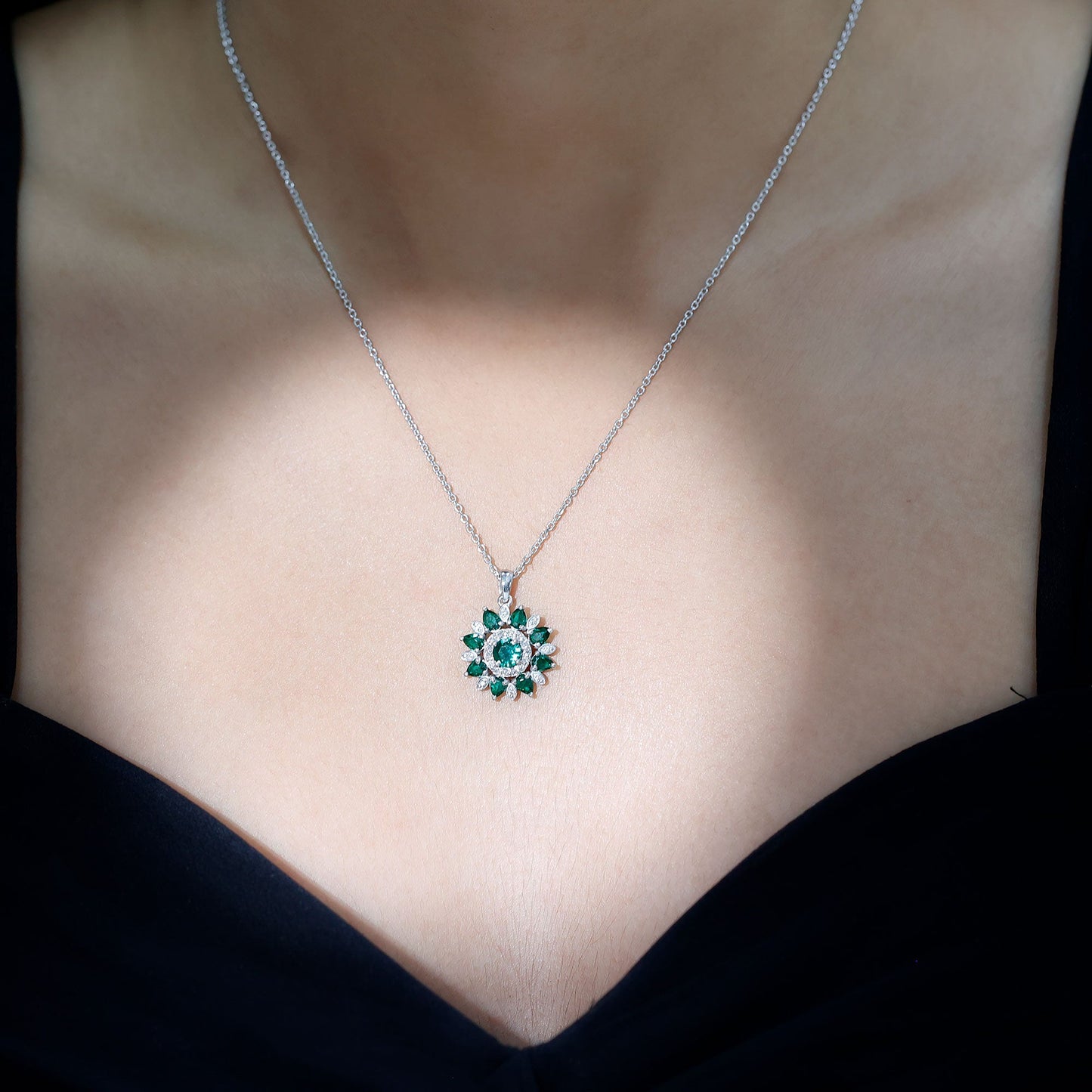 Lab Created Emerald and Diamond Flower Necklace