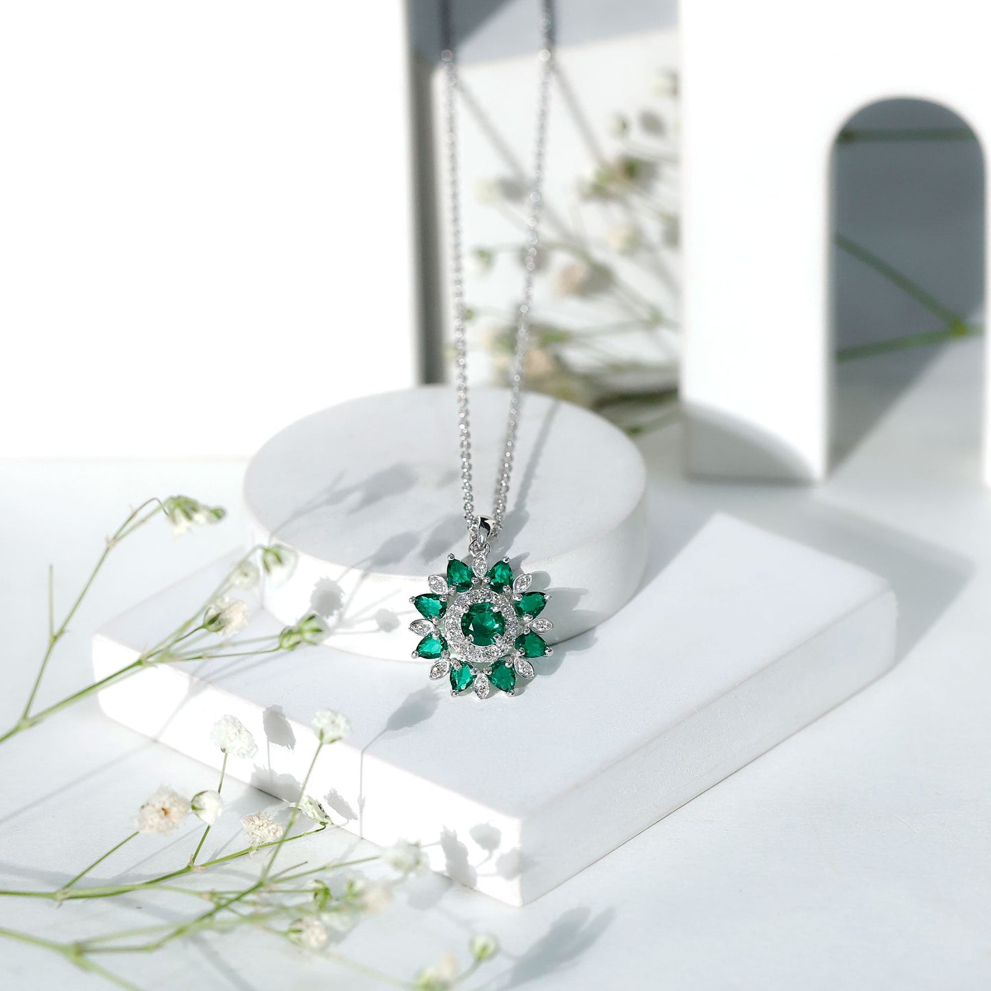Lab Created Emerald and Diamond Flower Necklace