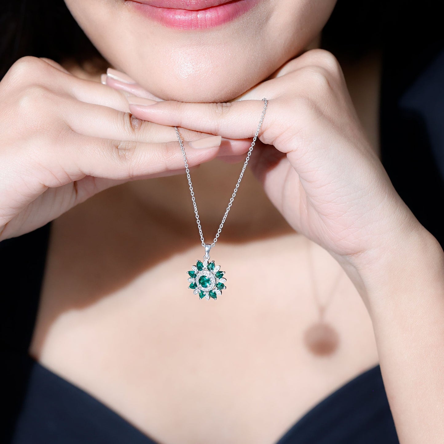 Lab Created Emerald and Diamond Flower Necklace