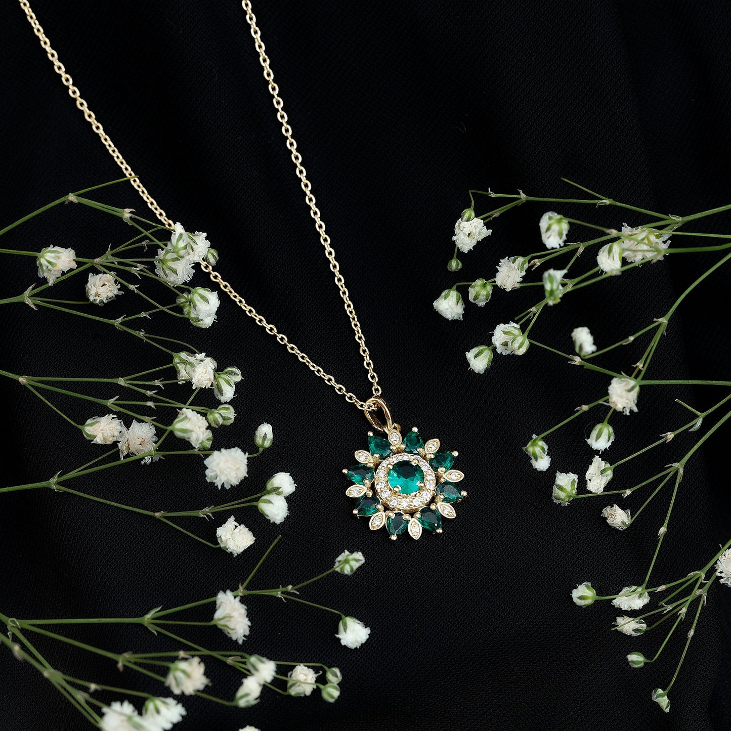 Lab Created Emerald and Diamond Flower Necklace