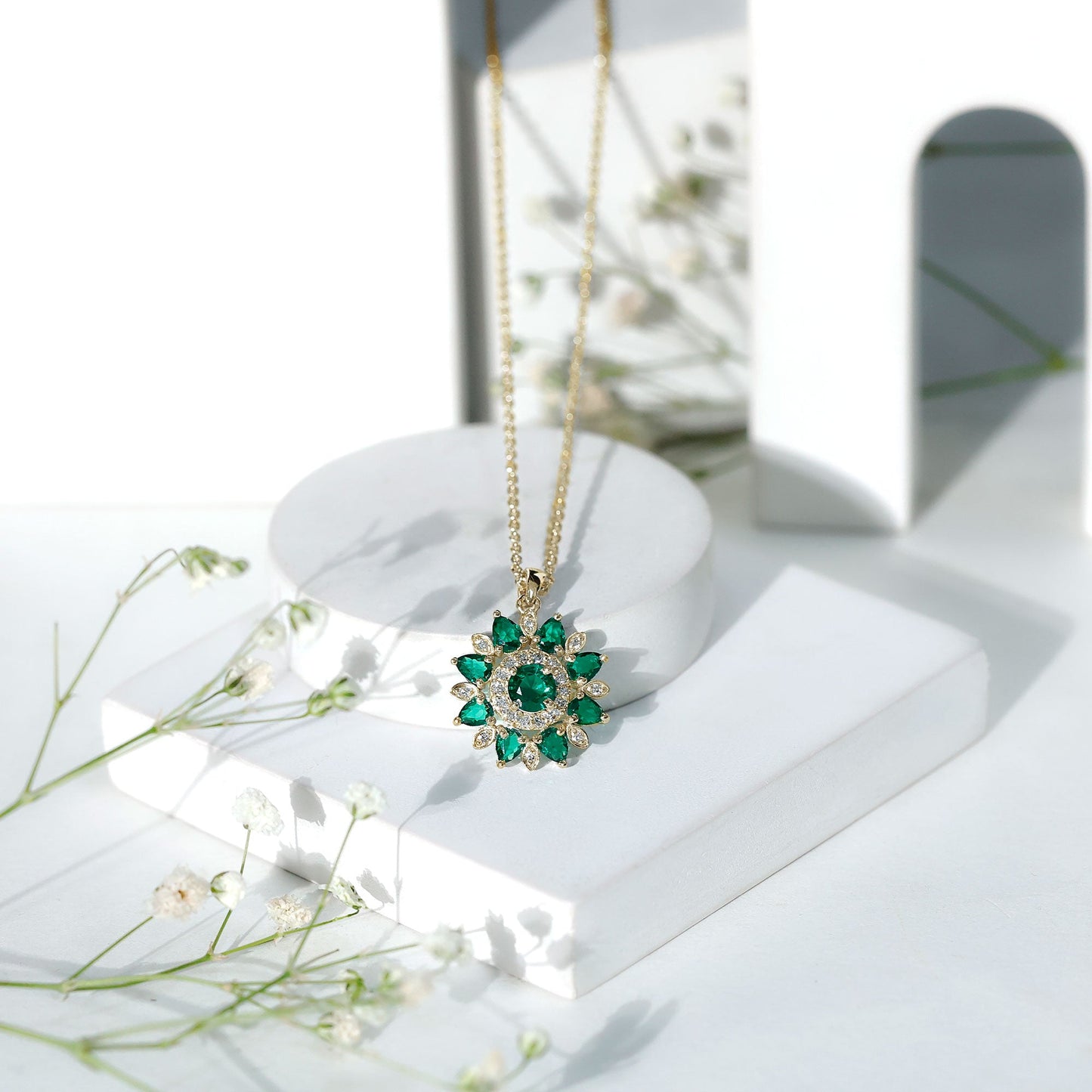 Lab Created Emerald and Diamond Flower Necklace