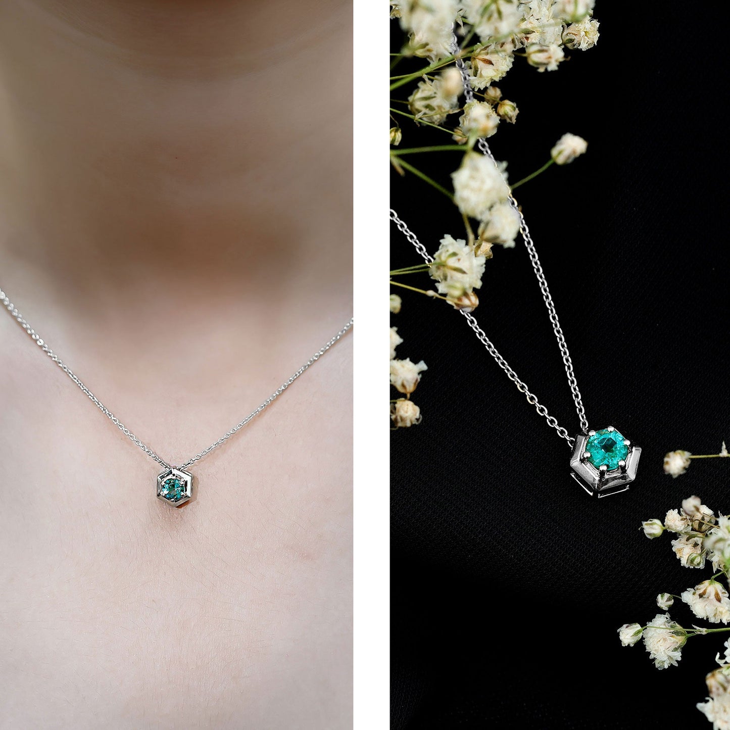 0.4 Carat Solitaire Emerald Hexagon Pendant Necklace