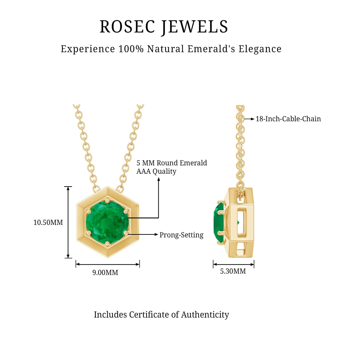0.4 Carat Solitaire Emerald Hexagon Pendant Necklace