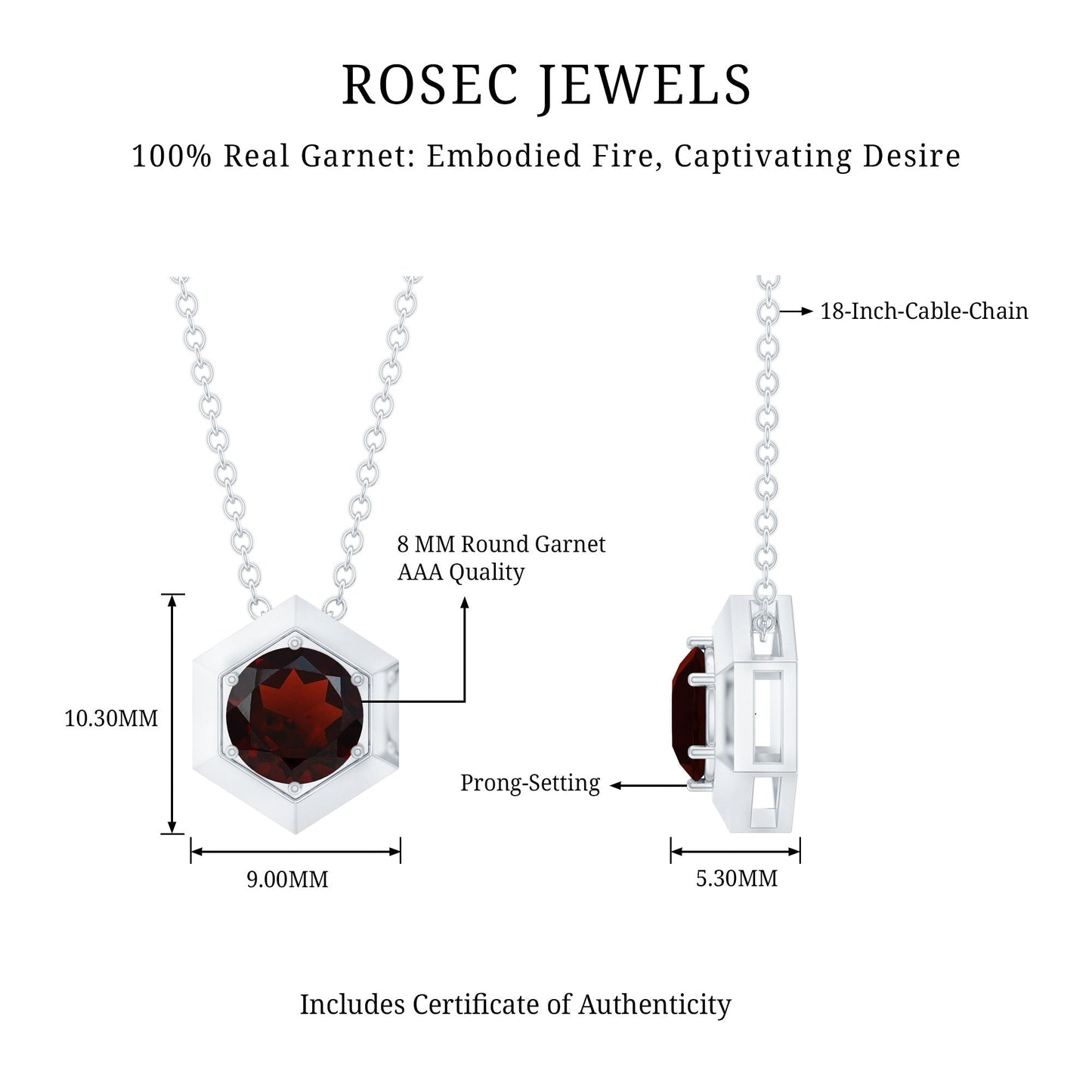 Solitaire Garnet Hexagonal Pendant Necklace