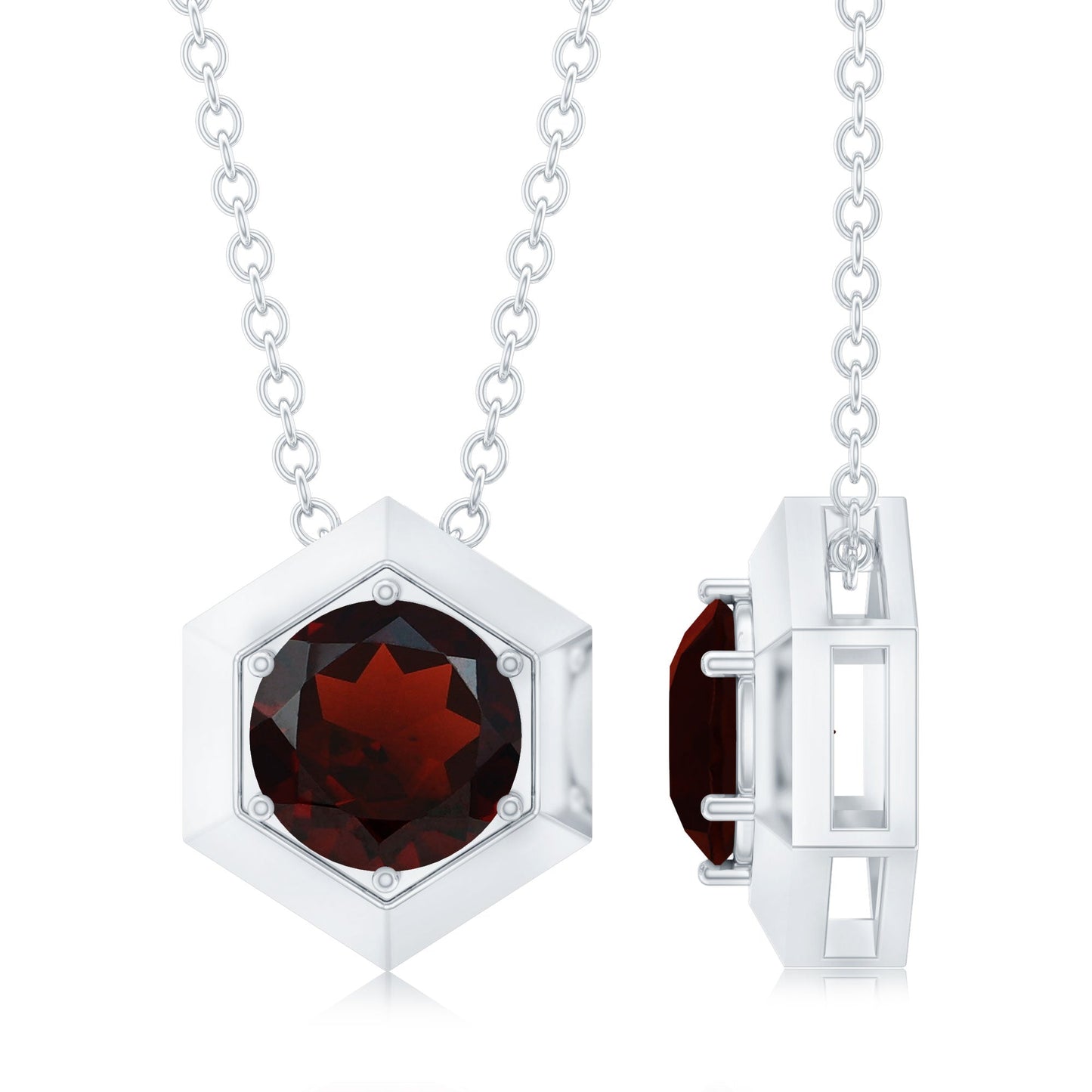 Solitaire Garnet Hexagonal Pendant Necklace
