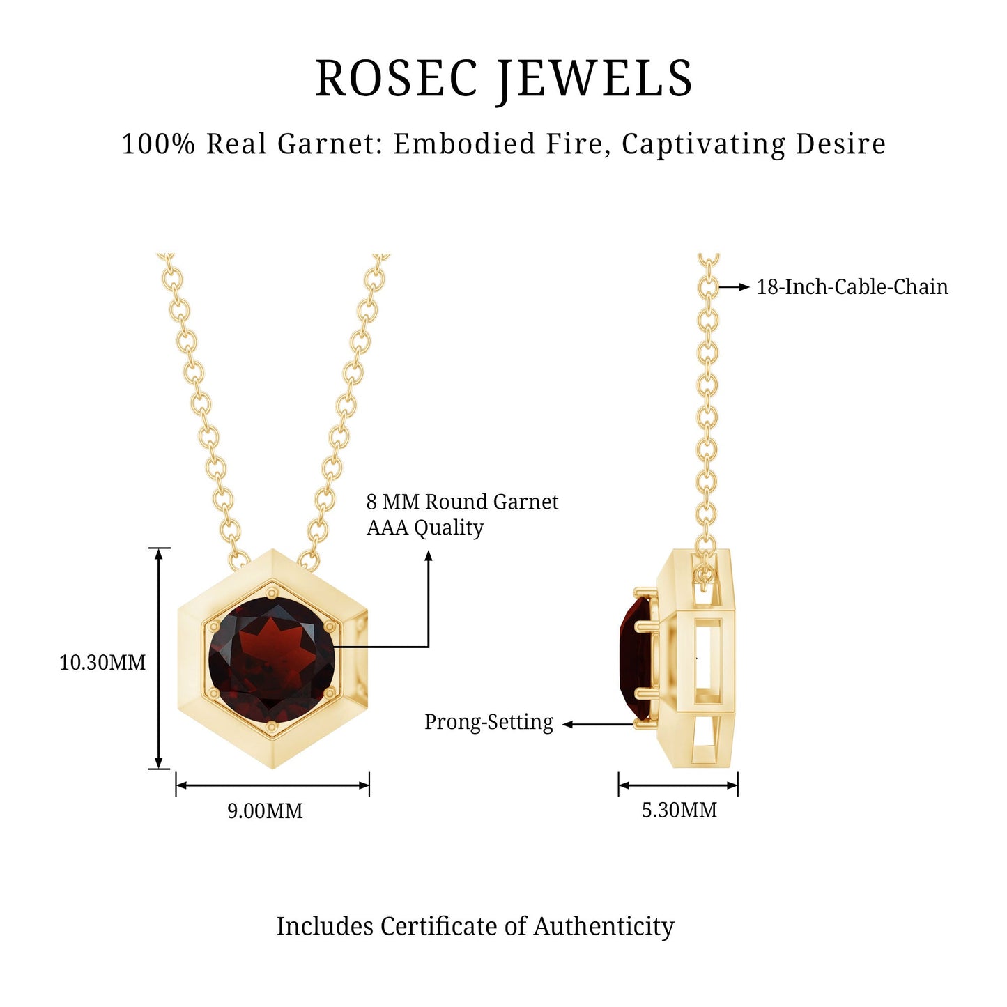Solitaire Garnet Hexagonal Pendant Necklace