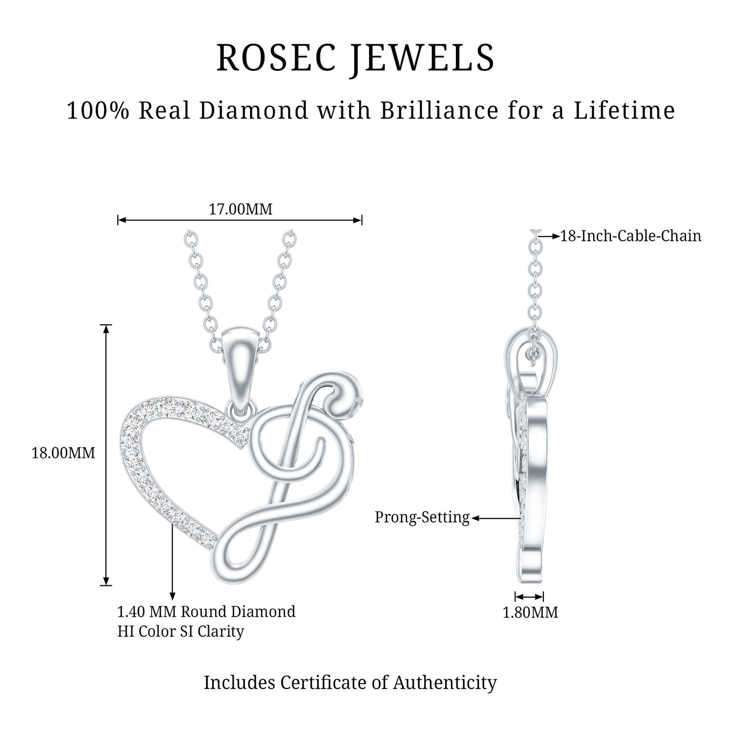 Diamond Heart and Music Note Necklace
