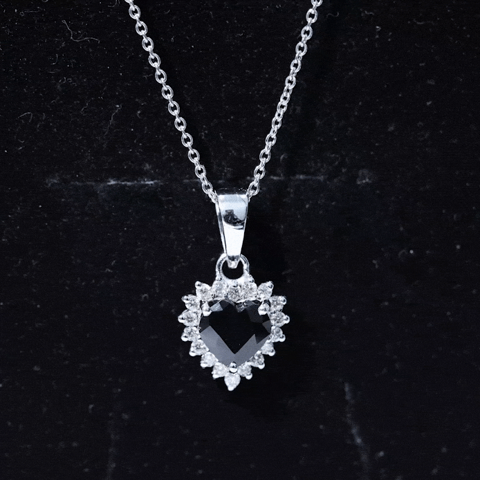 Natural Black Spinel Heart Shape Necklace with Moissanite Halo