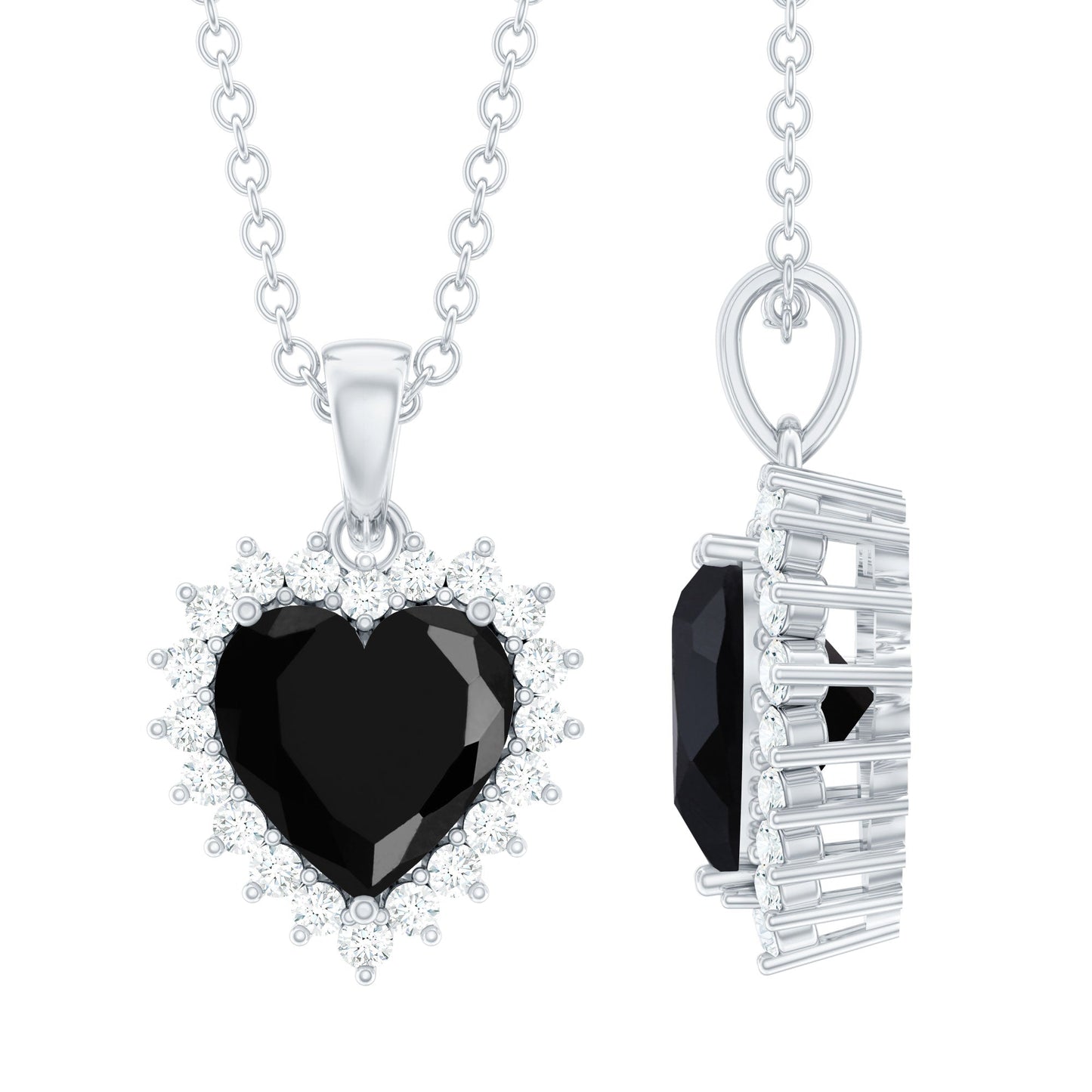 Natural Black Spinel Heart Shape Necklace with Moissanite Halo
