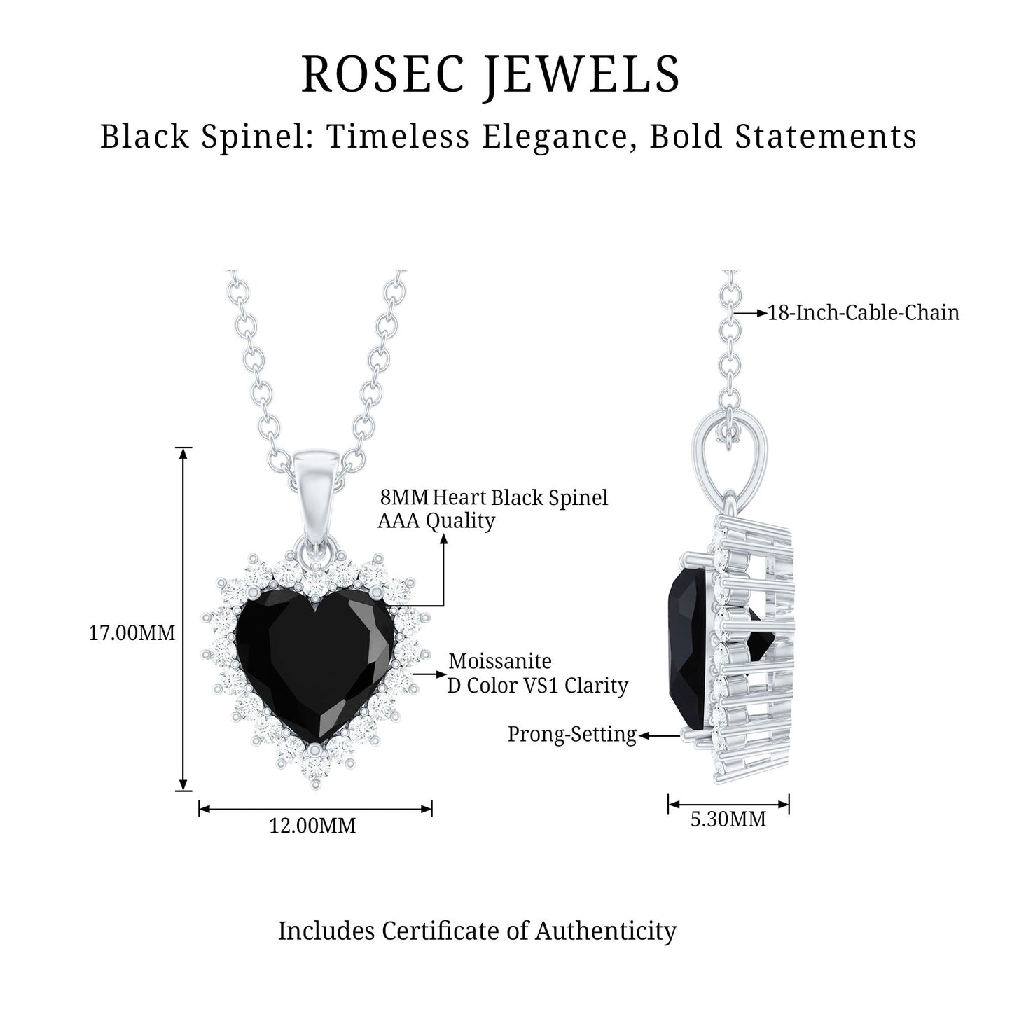 Natural Black Spinel Heart Shape Necklace with Moissanite Halo