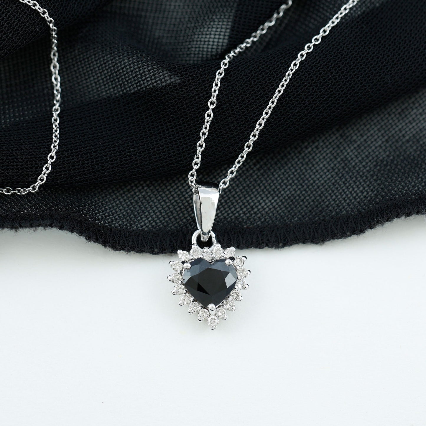 Natural Black Spinel Heart Shape Necklace with Moissanite Halo