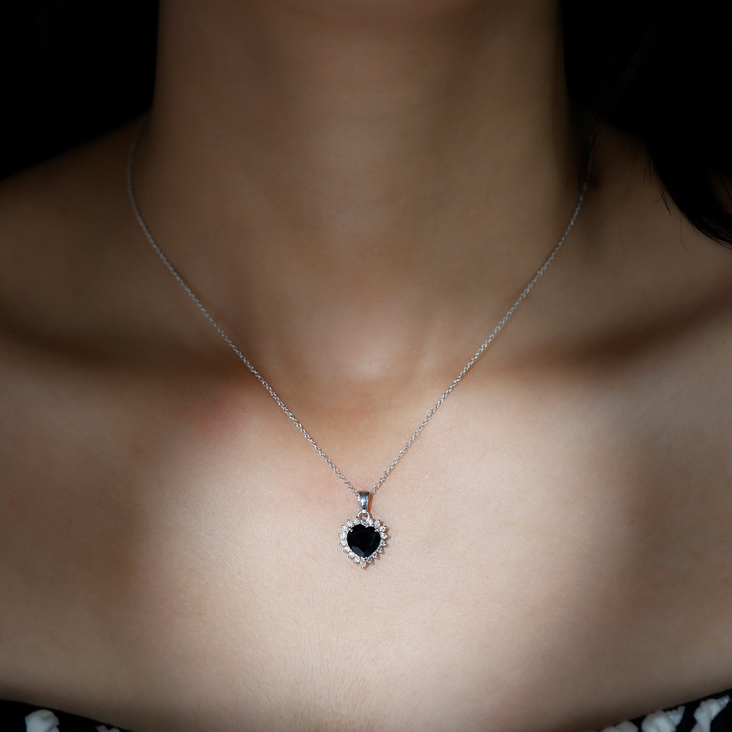 Natural Black Spinel Heart Shape Necklace with Moissanite Halo