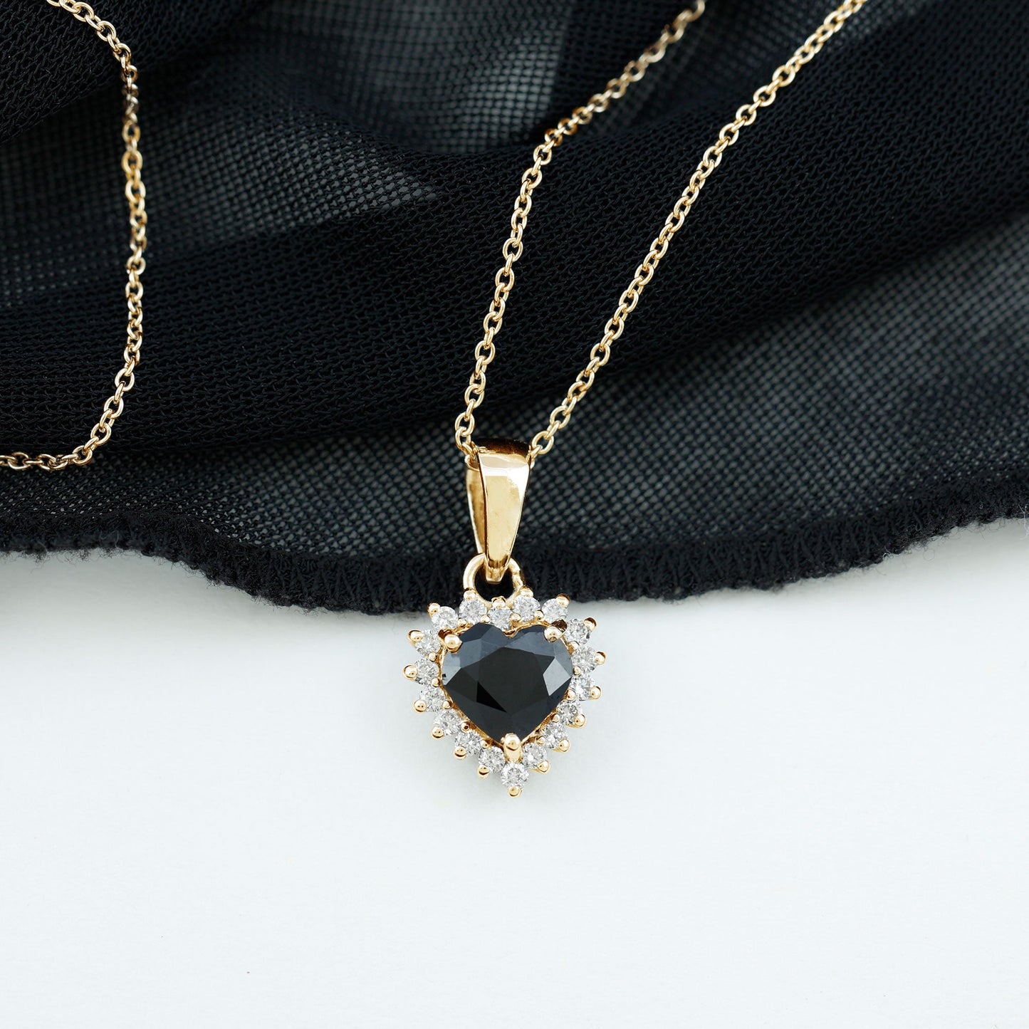 Natural Black Spinel Heart Shape Necklace with Moissanite Halo