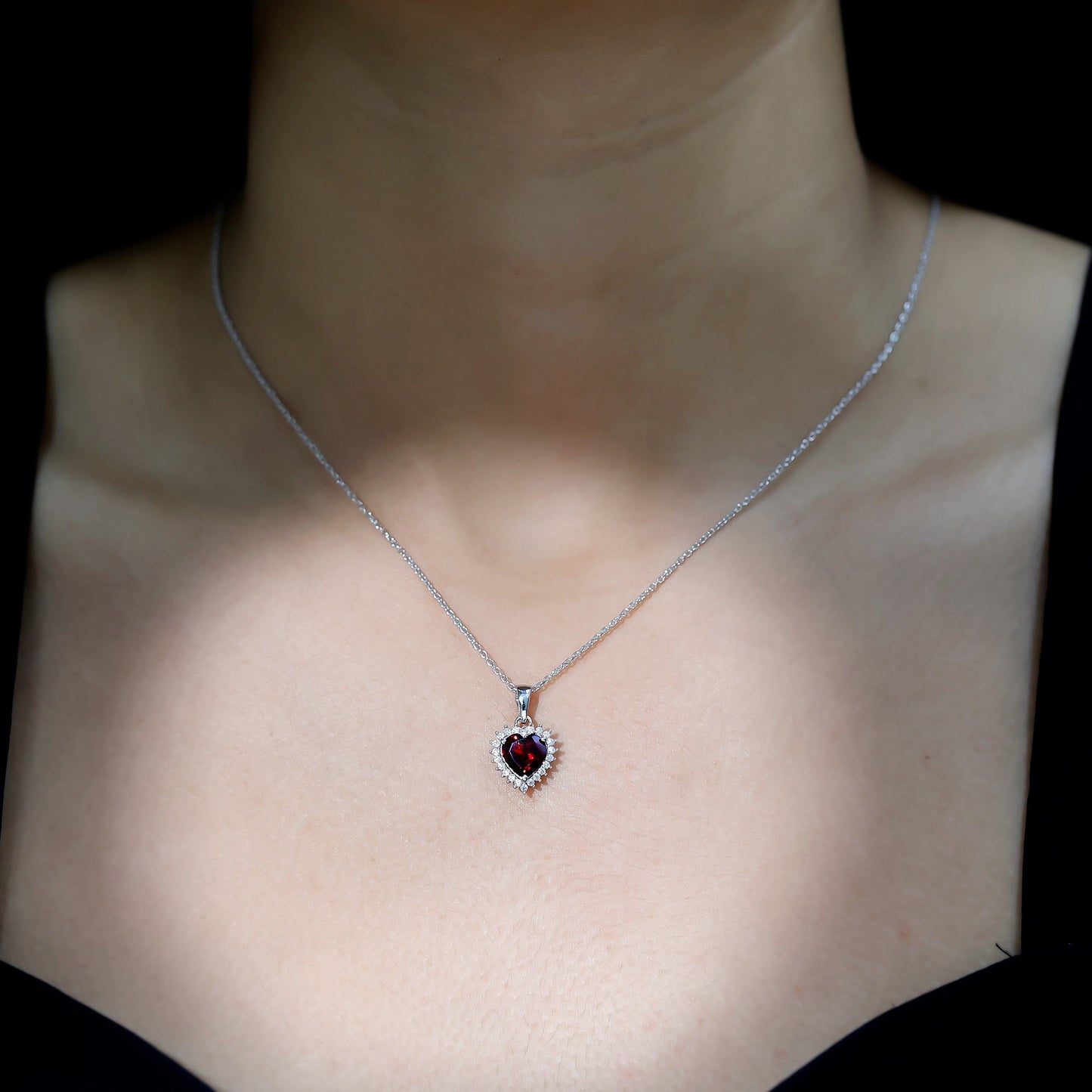 Garnet Heart Pendant Necklace with Moissanite Halo