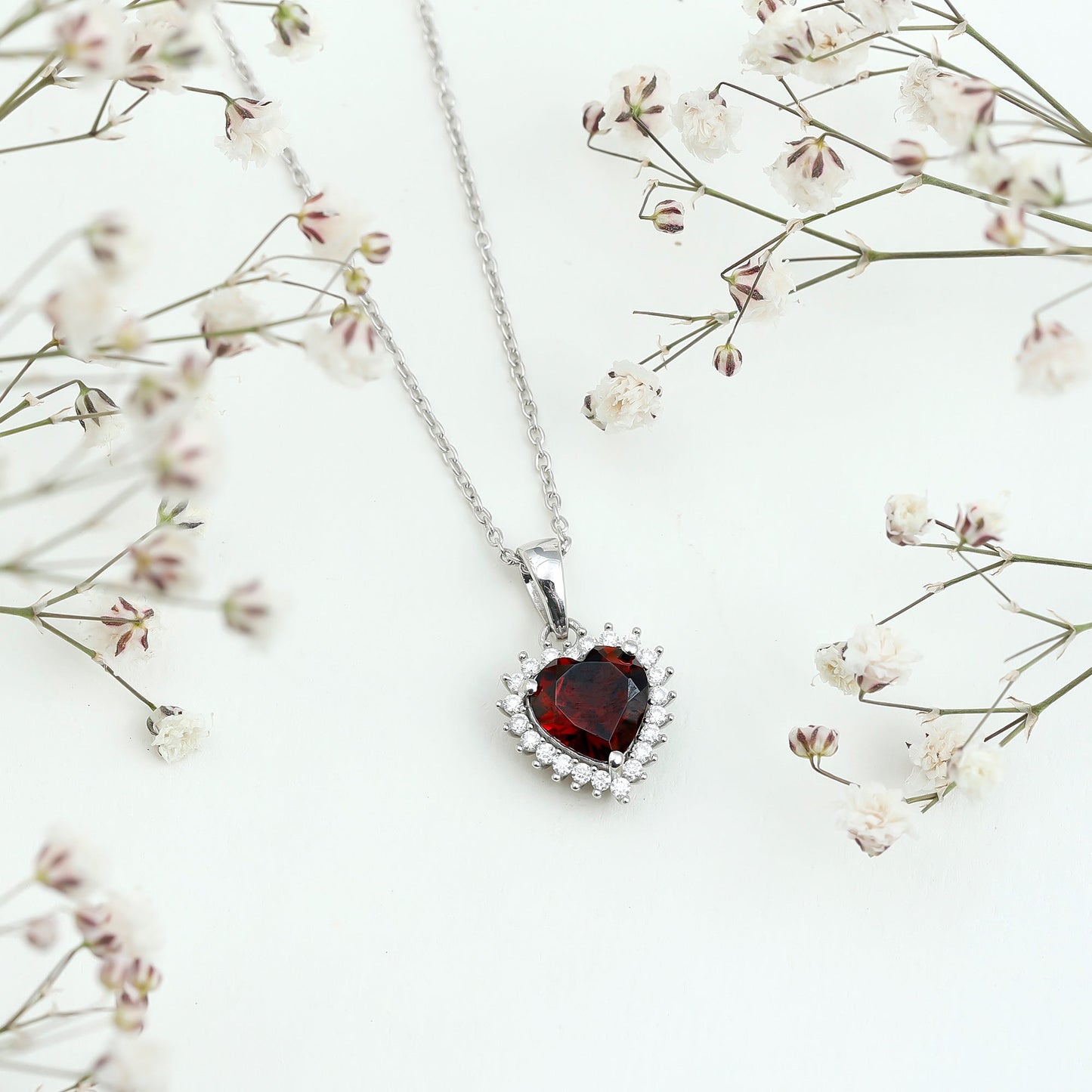 Garnet Heart Pendant Necklace with Moissanite Halo