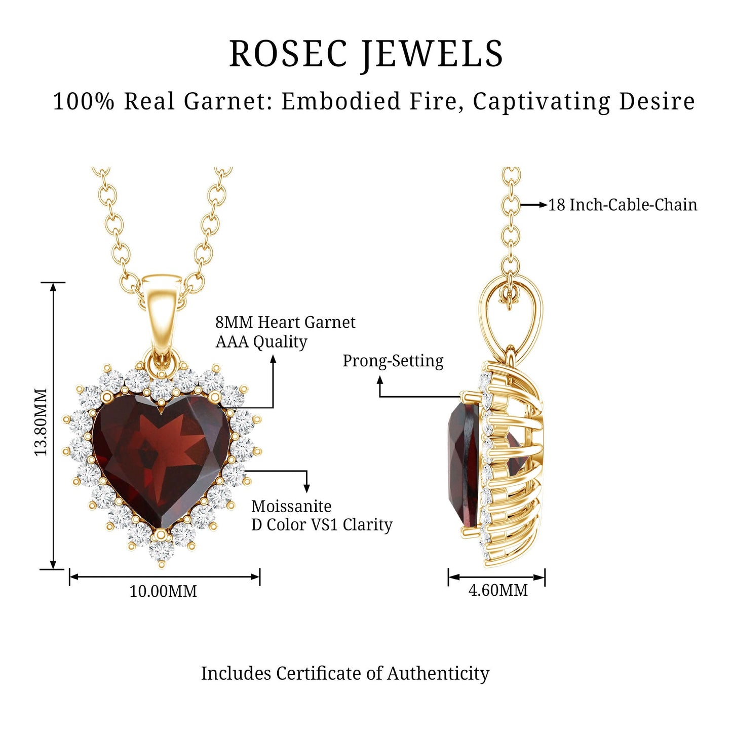 Garnet Heart Pendant Necklace with Moissanite Halo