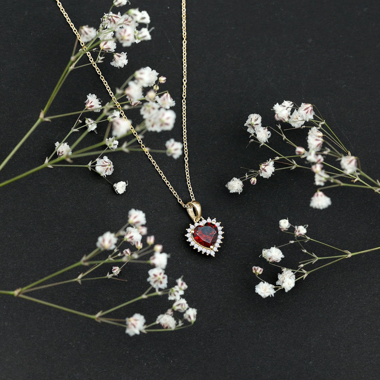 Garnet Heart Pendant Necklace with Moissanite Halo