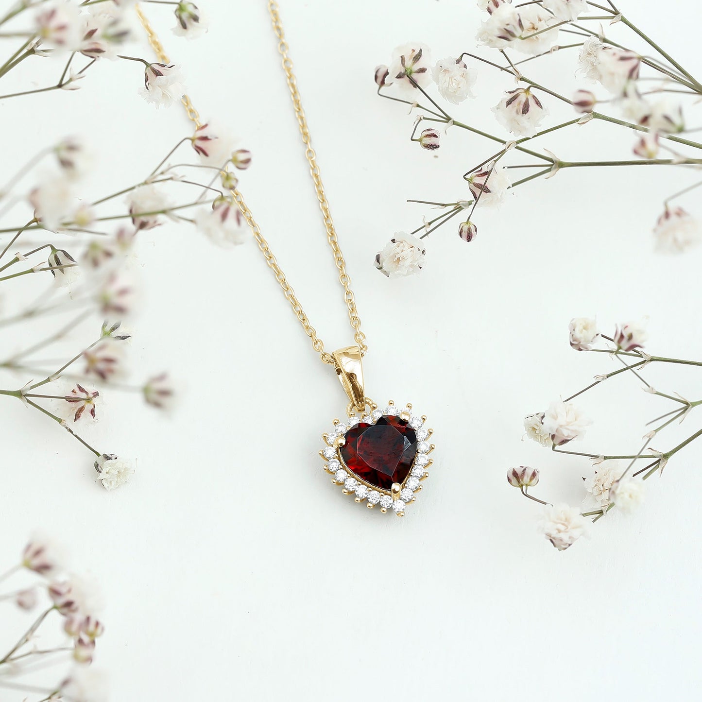 Garnet Heart Pendant Necklace with Moissanite Halo