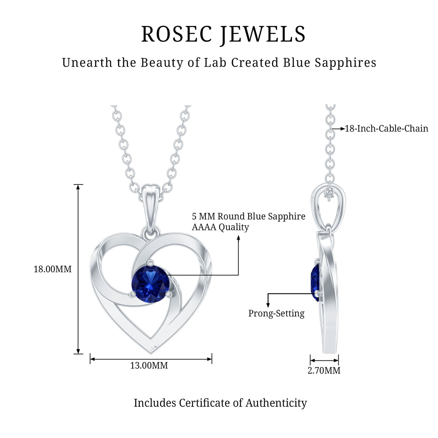 Lab Grown Blue Sapphire Heart Necklace with Certificate