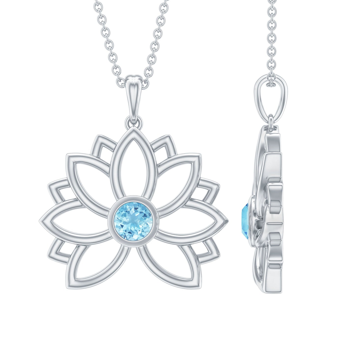 Solitaire Aquamarine Lotus Flower Pendant in Bezel Setting