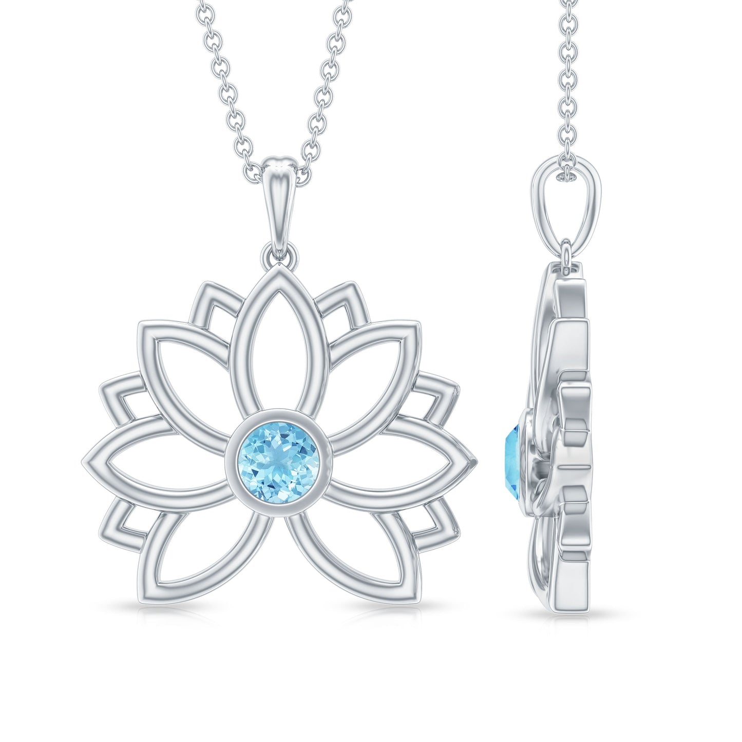 Solitaire Aquamarine Lotus Flower Pendant in Bezel Setting