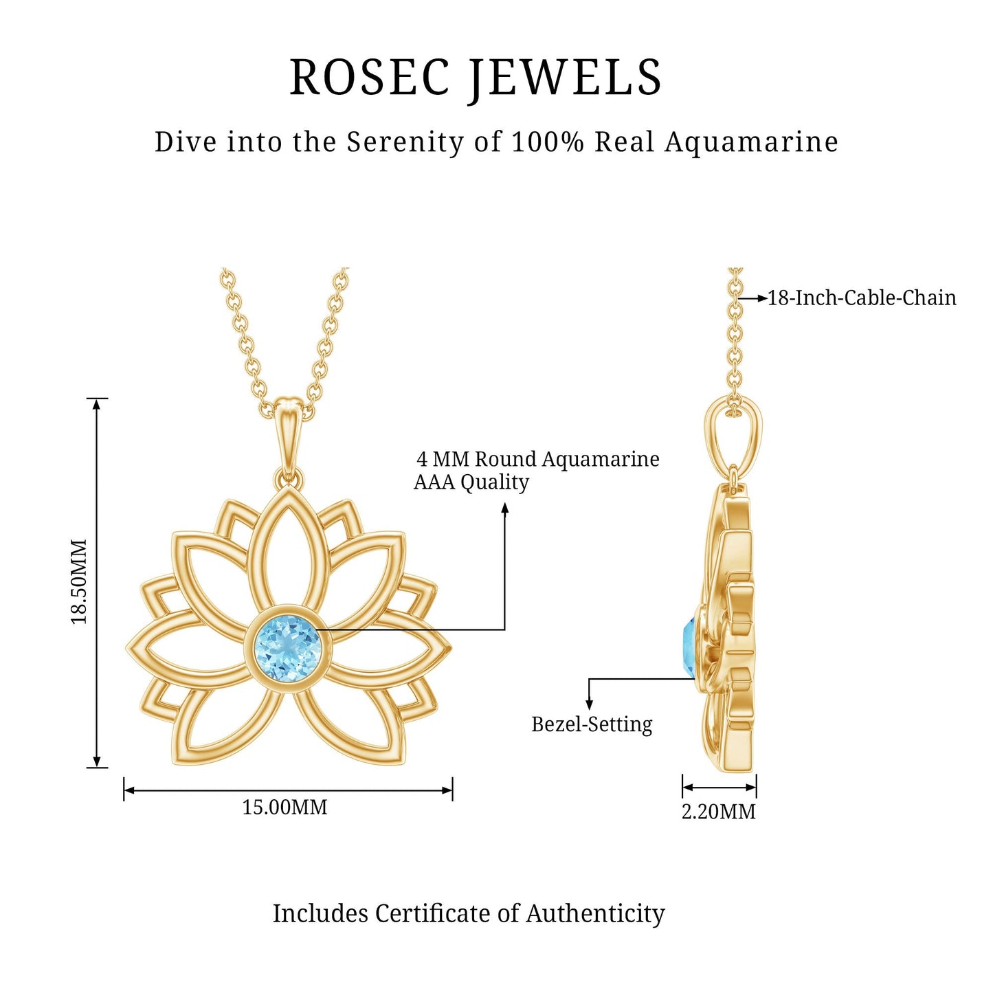 Solitaire Aquamarine Lotus Flower Pendant in Bezel Setting