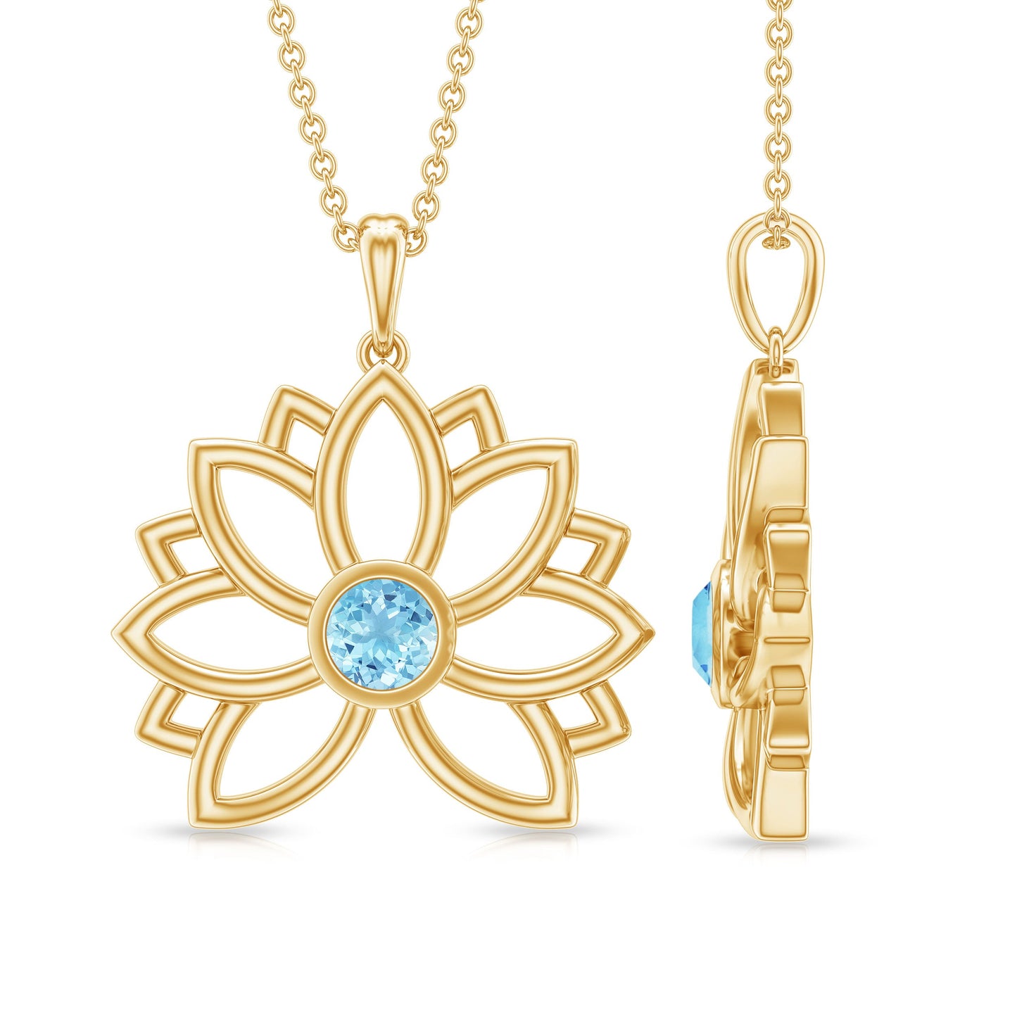 Solitaire Aquamarine Lotus Flower Pendant in Bezel Setting
