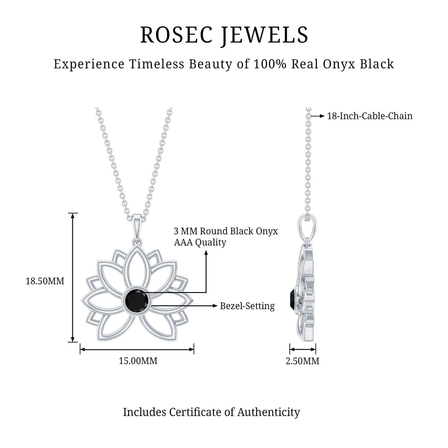 Natural Black Onyx Flower Pendant Necklace for Women