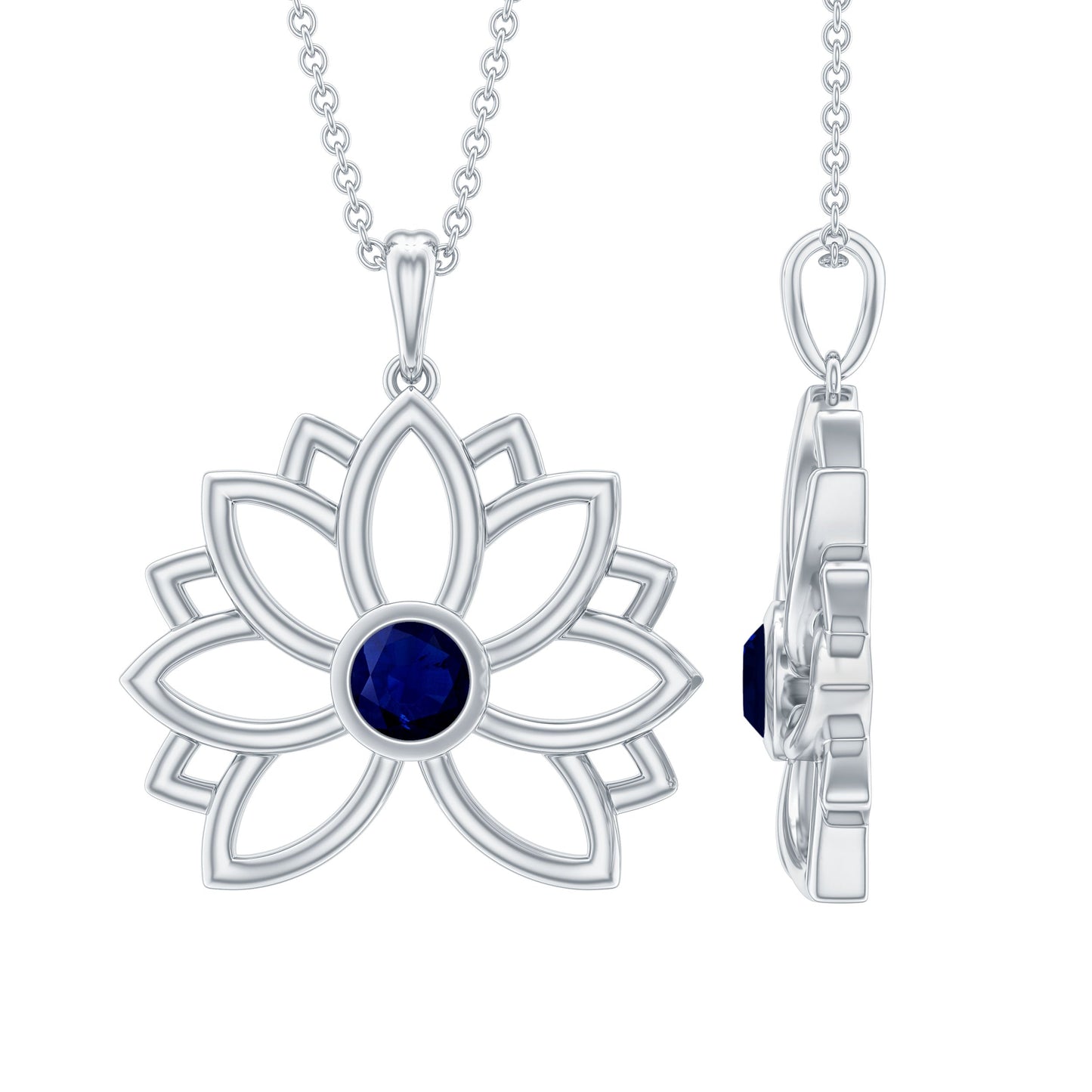 Real Blue Sapphire Lotus Flower Necklace with Chain