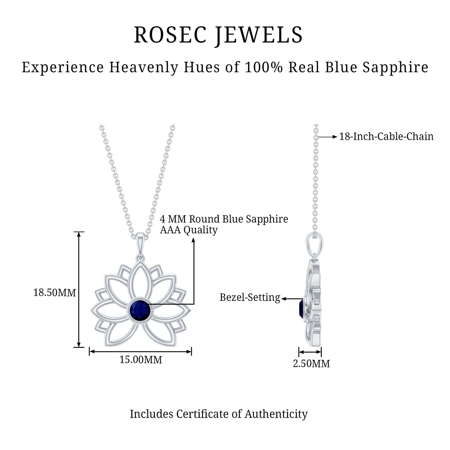 Real Blue Sapphire Lotus Flower Necklace with Chain