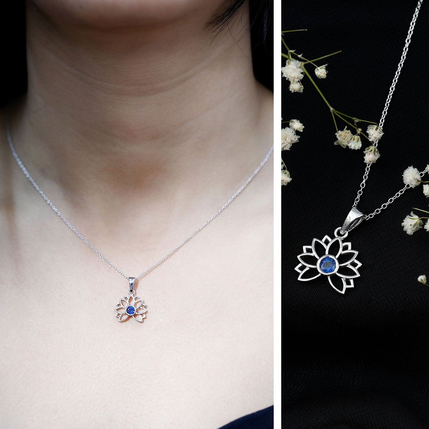 Real Blue Sapphire Lotus Flower Necklace with Chain