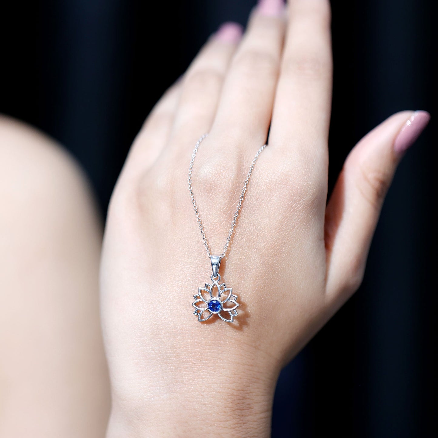 Real Blue Sapphire Lotus Flower Necklace with Chain