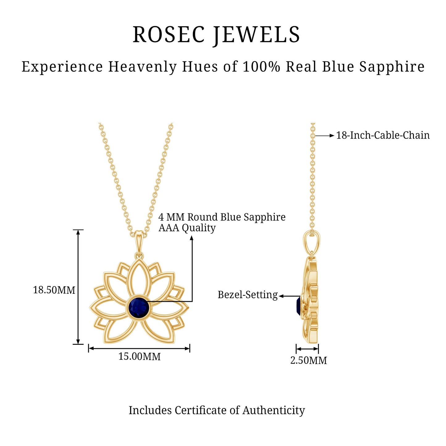 Real Blue Sapphire Lotus Flower Necklace with Chain