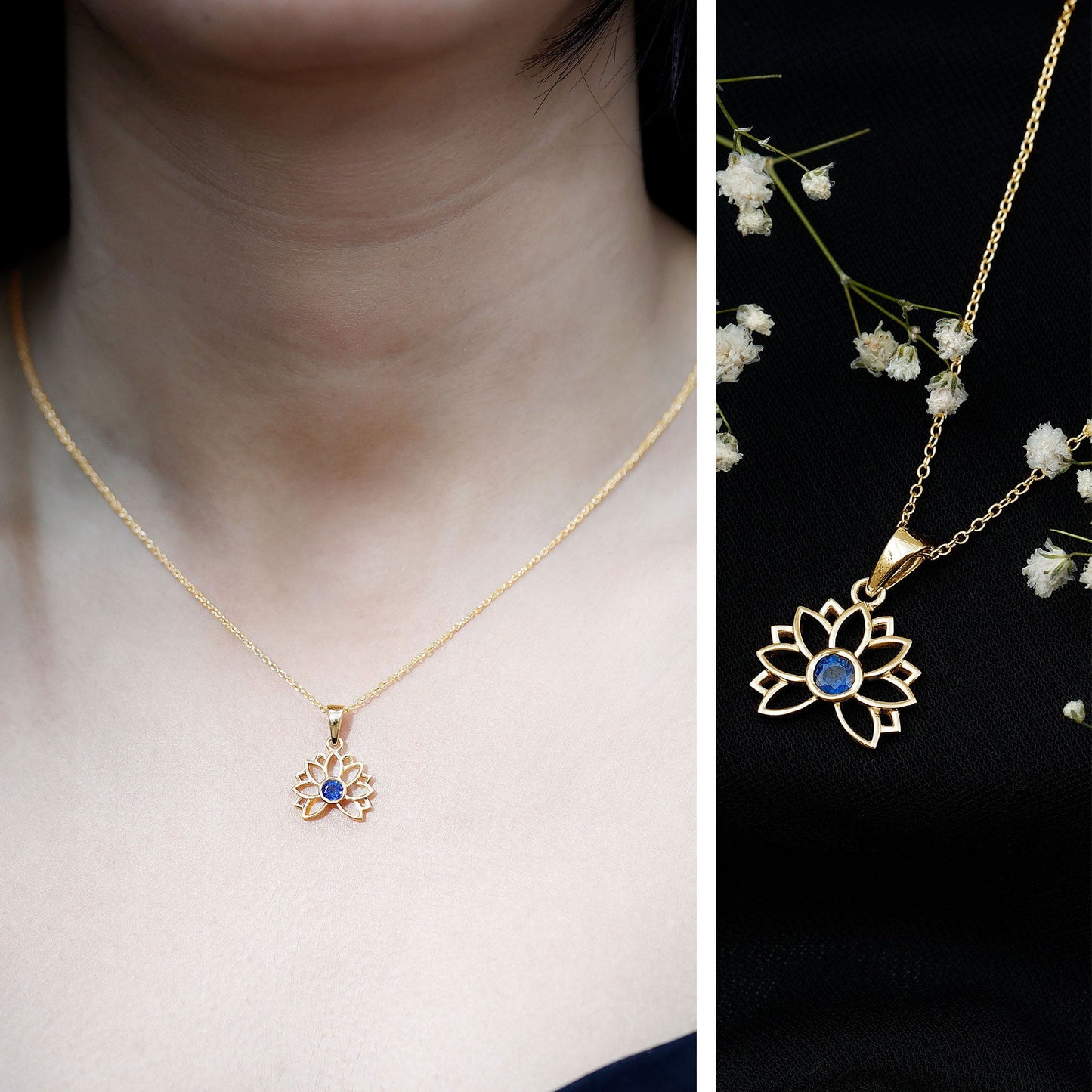 Real Blue Sapphire Lotus Flower Necklace with Chain