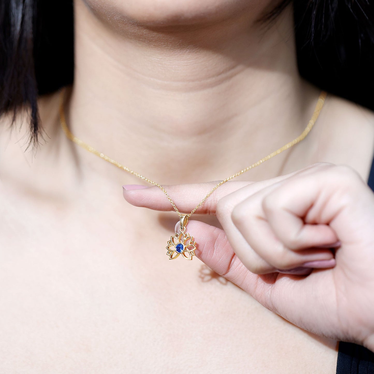 Real Blue Sapphire Lotus Flower Necklace with Chain