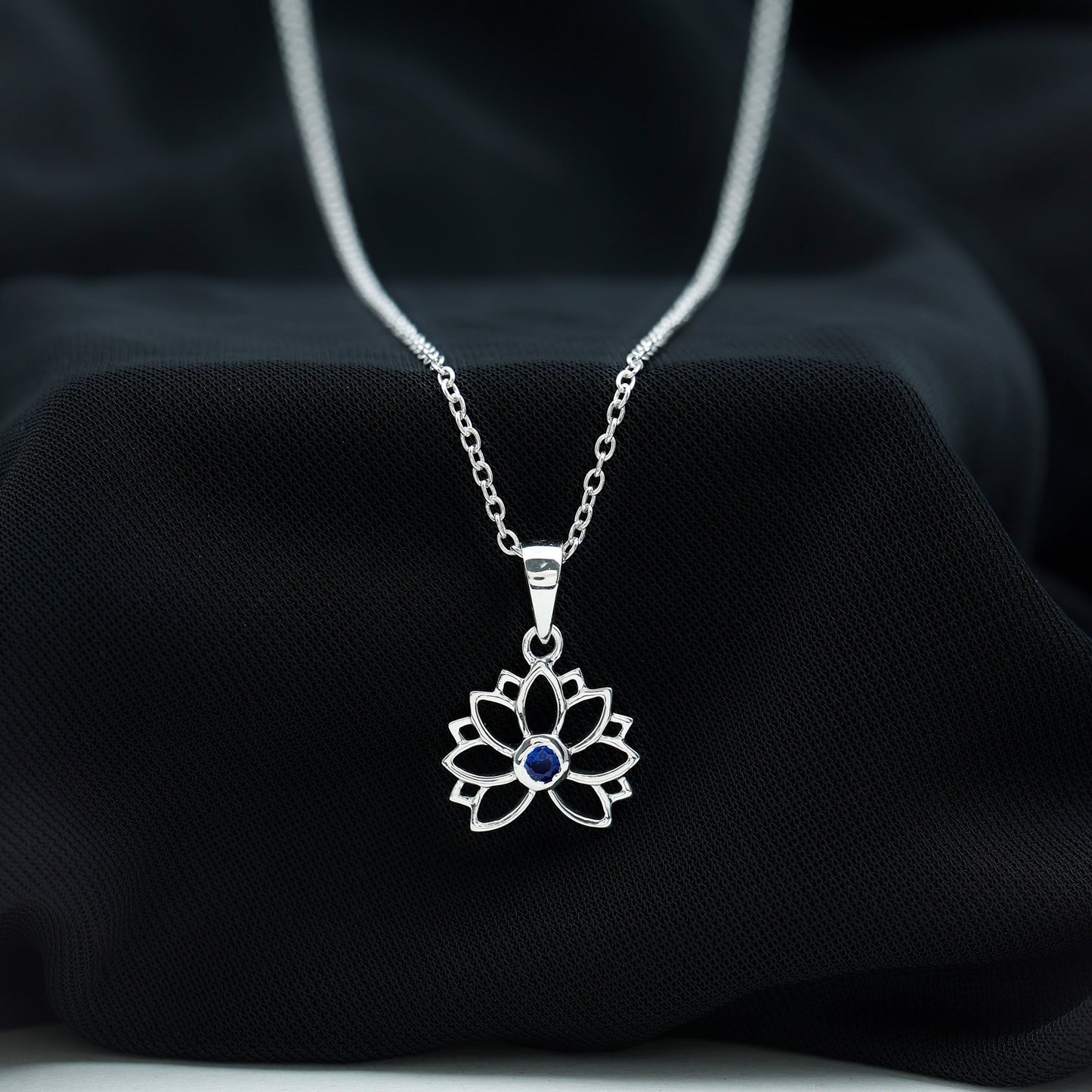 Lab Grown Blue Sapphire Lotus Flower Necklace With Chain