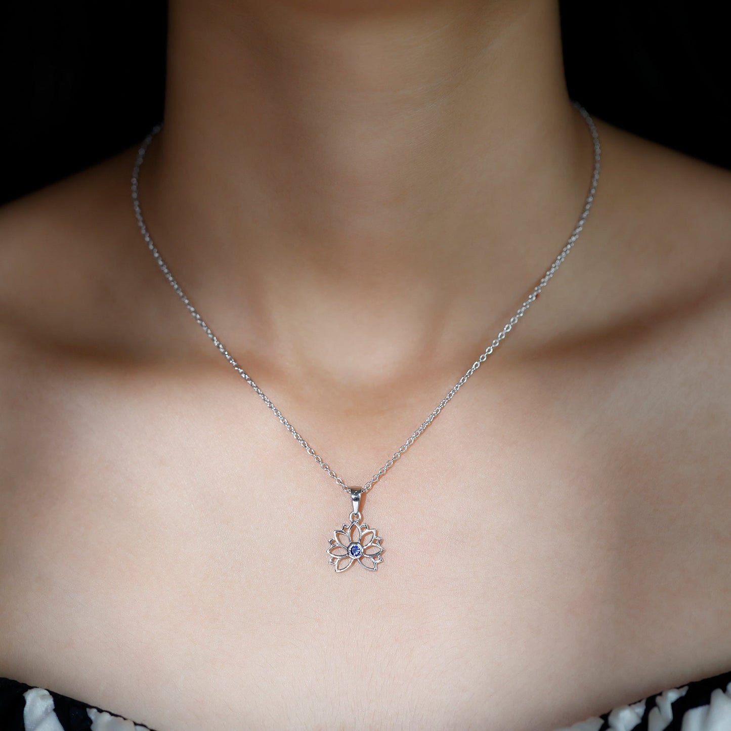 Lab Grown Blue Sapphire Lotus Flower Necklace With Chain