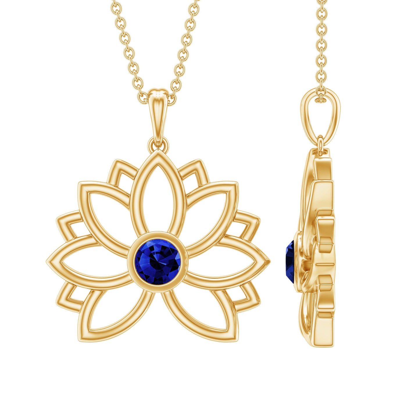 Lab Grown Blue Sapphire Lotus Flower Necklace With Chain