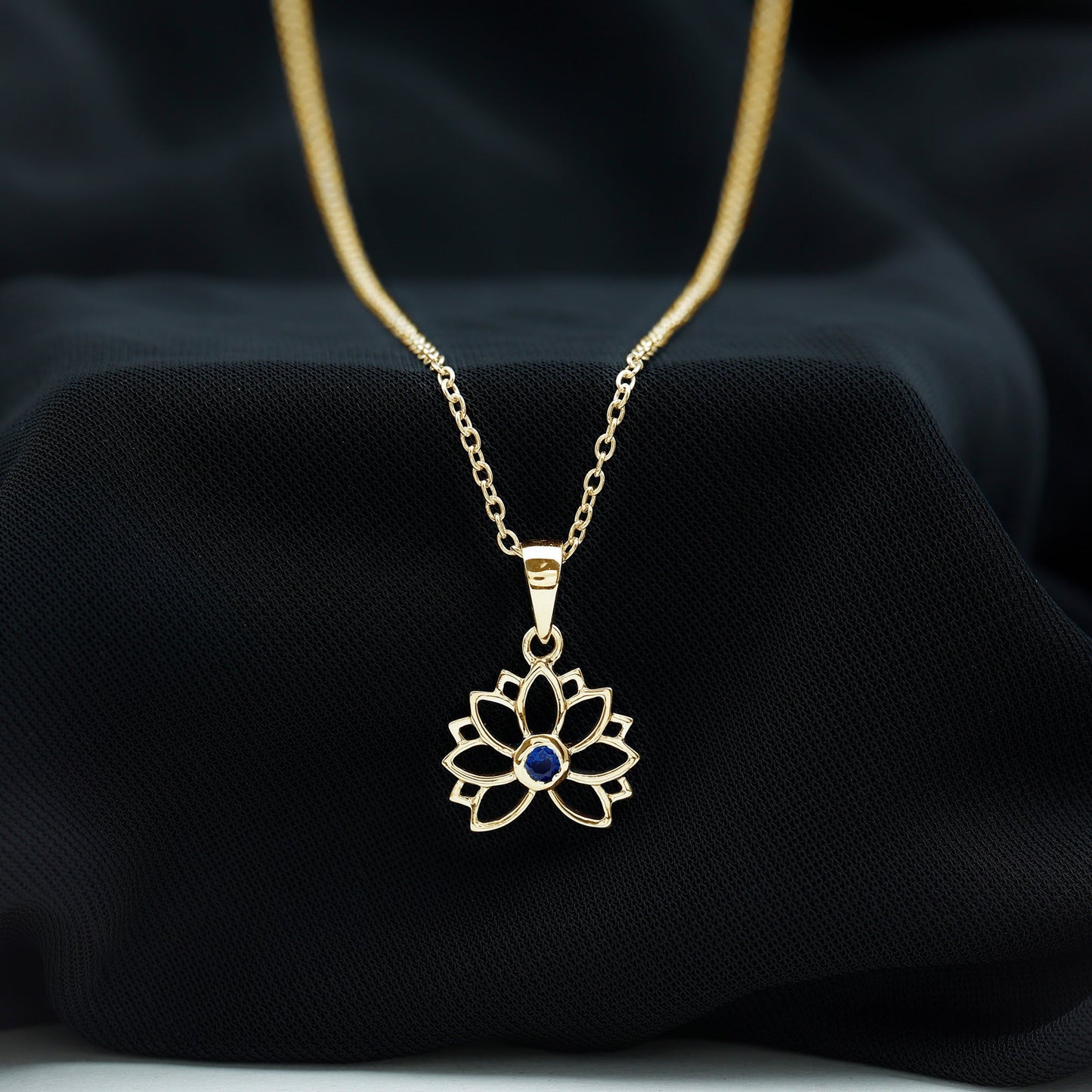 Lab Grown Blue Sapphire Lotus Flower Necklace With Chain