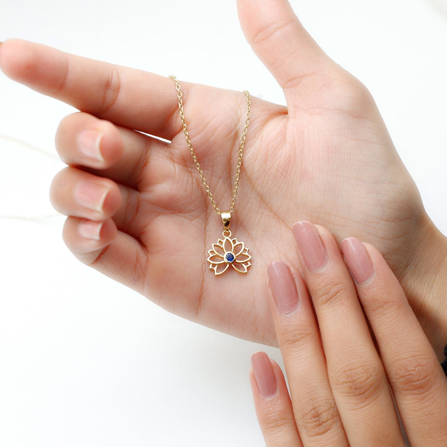 Lab Grown Blue Sapphire Lotus Flower Necklace With Chain