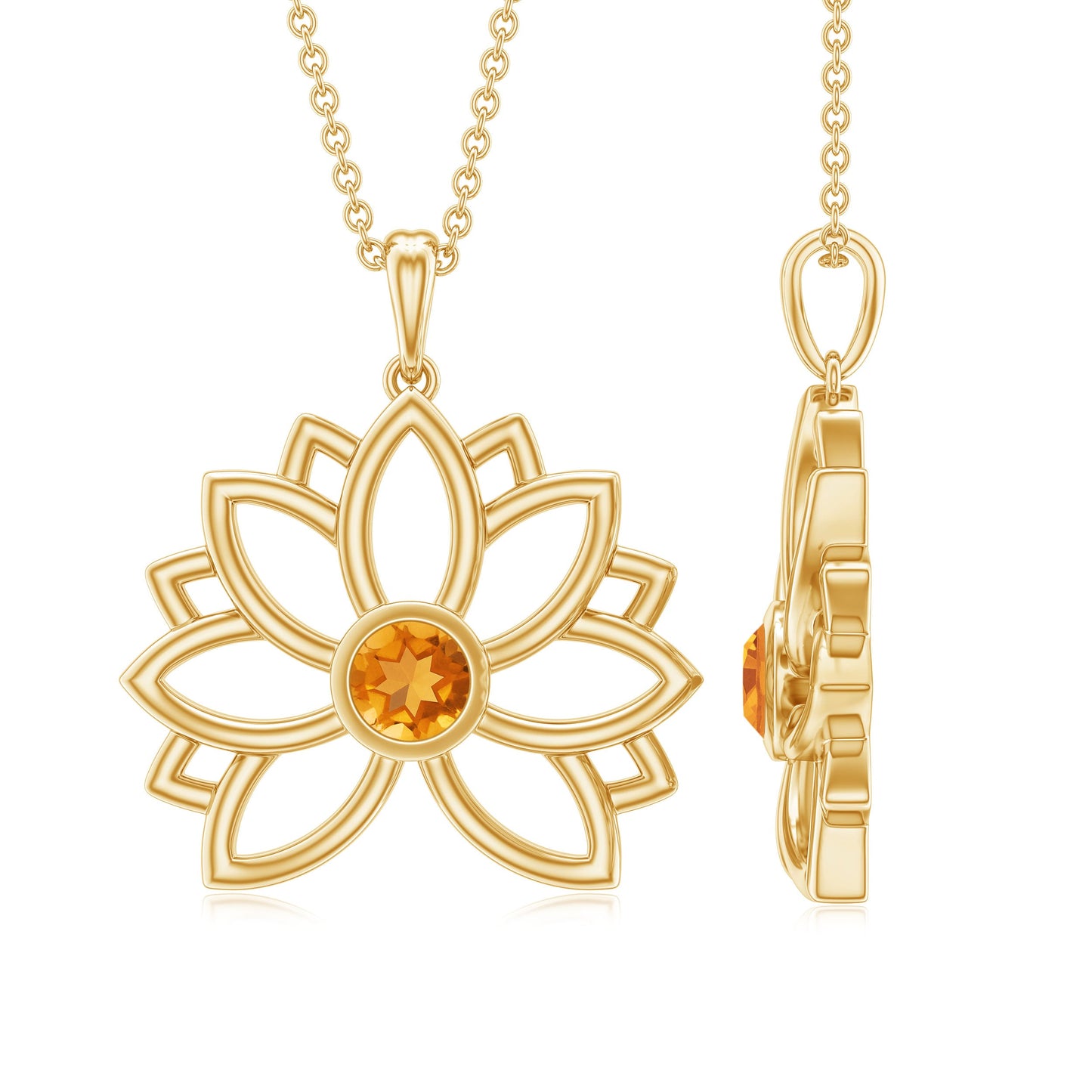 Bezel Set Citrine Lotus Flower Necklace With Chain