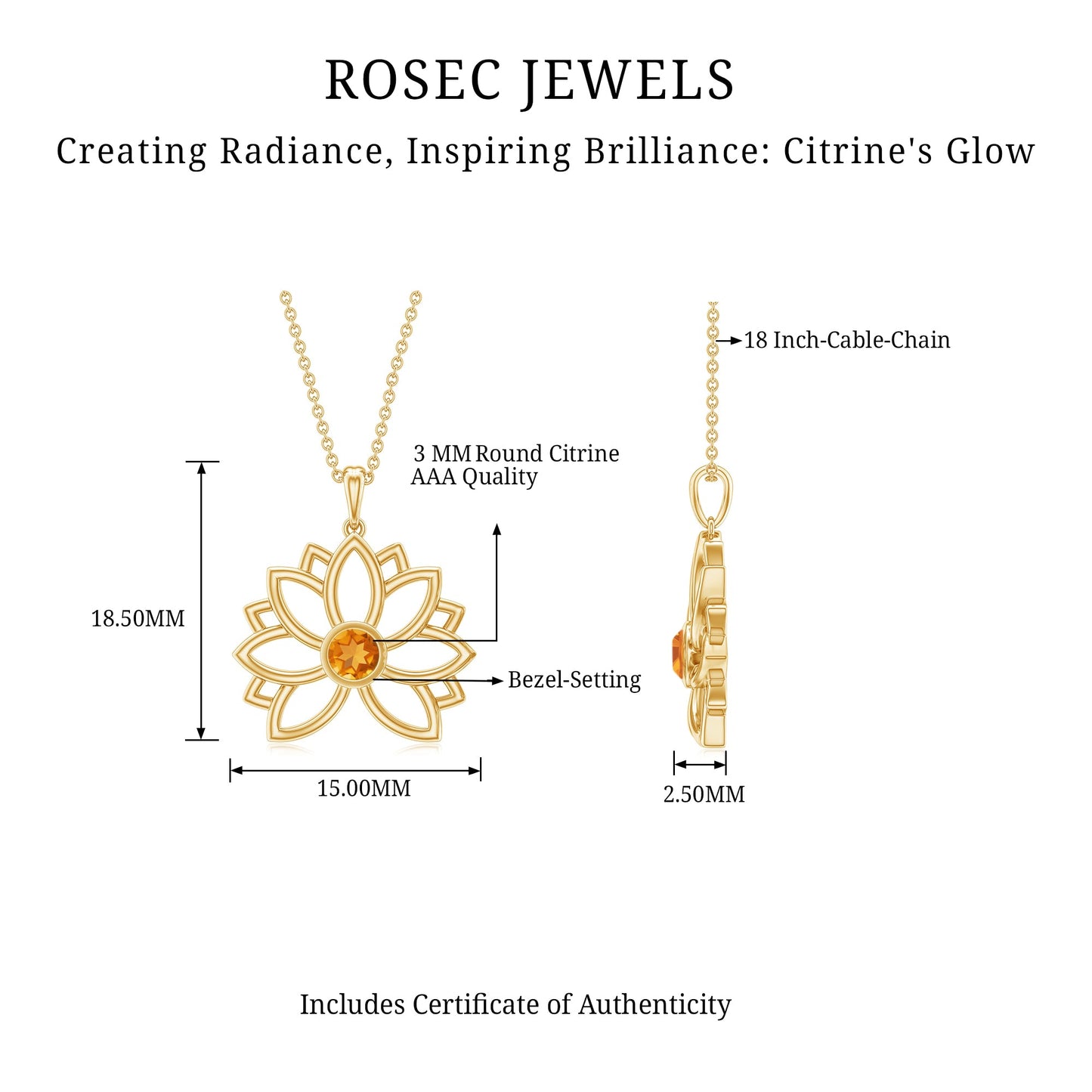 Bezel Set Citrine Lotus Flower Necklace With Chain