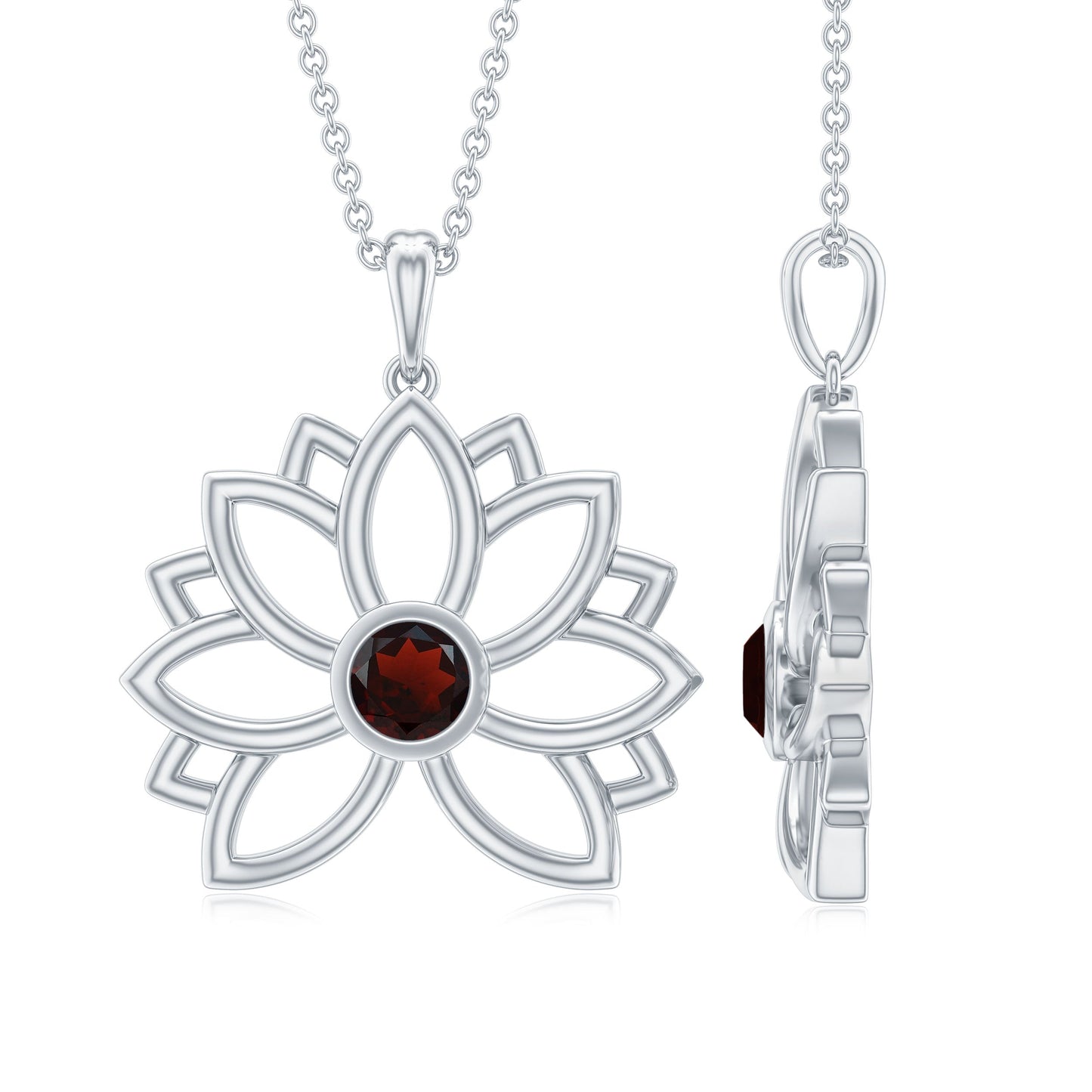 Bezel Set Garnet Lotus Floral Pendant Necklace