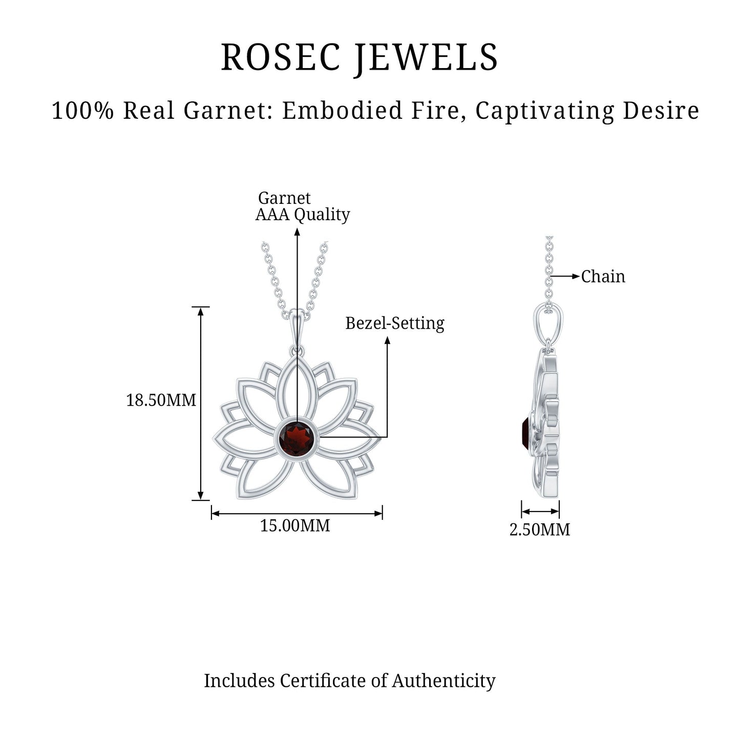 Bezel Set Garnet Lotus Floral Pendant Necklace