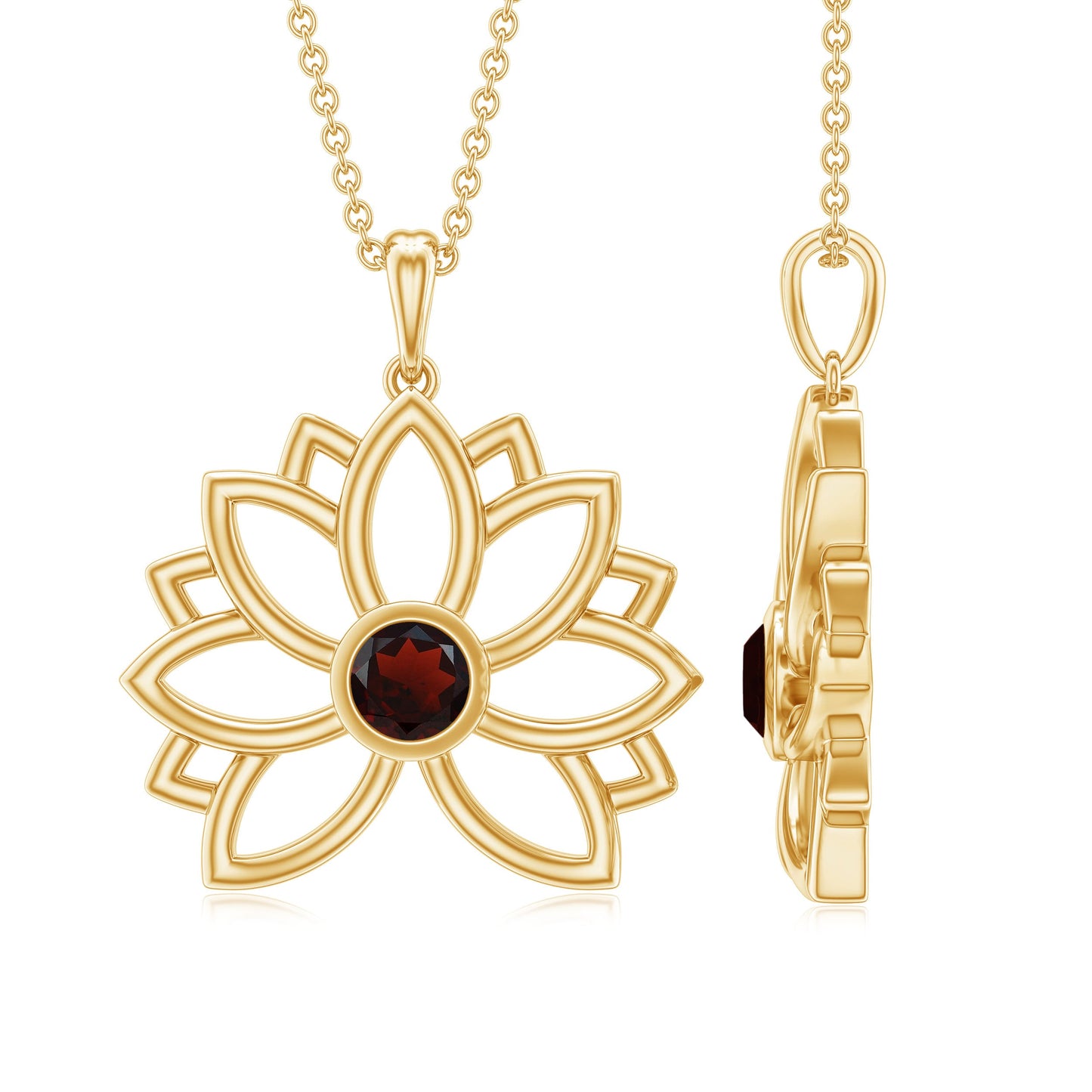 Bezel Set Garnet Lotus Floral Pendant Necklace