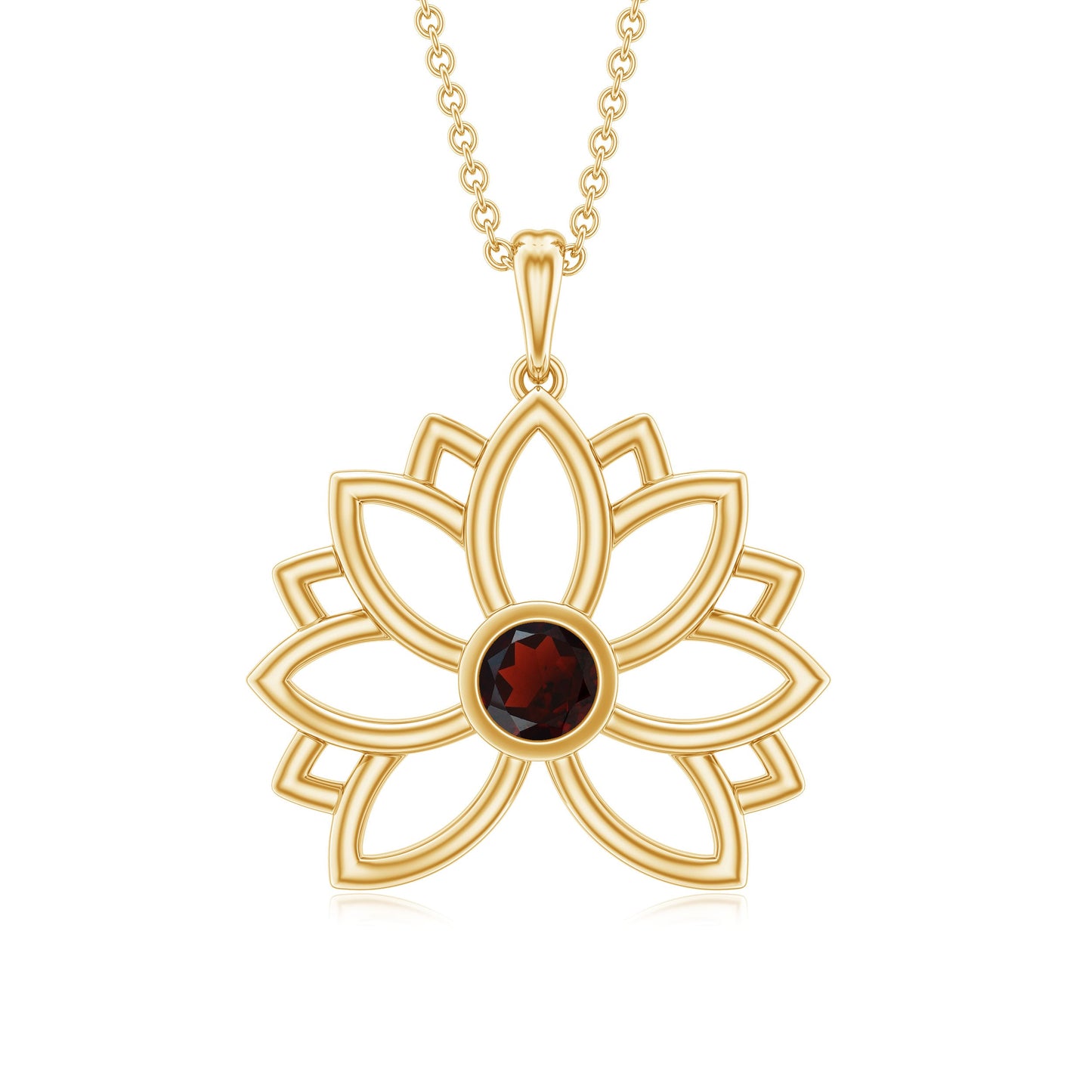 Bezel Set Garnet Lotus Floral Pendant Necklace