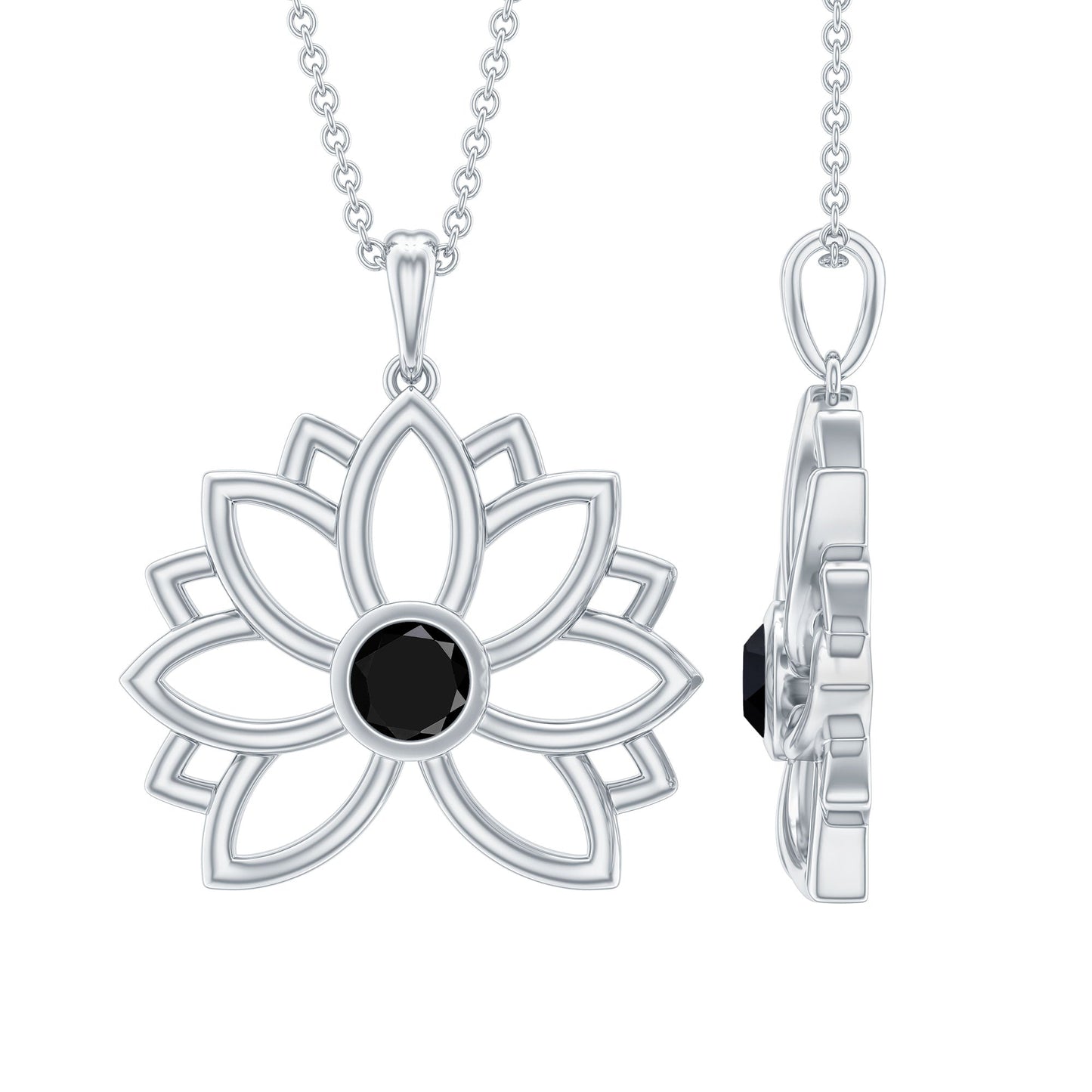 Bezel Set Lab Grown Black Diamond Lotus Flower Necklace