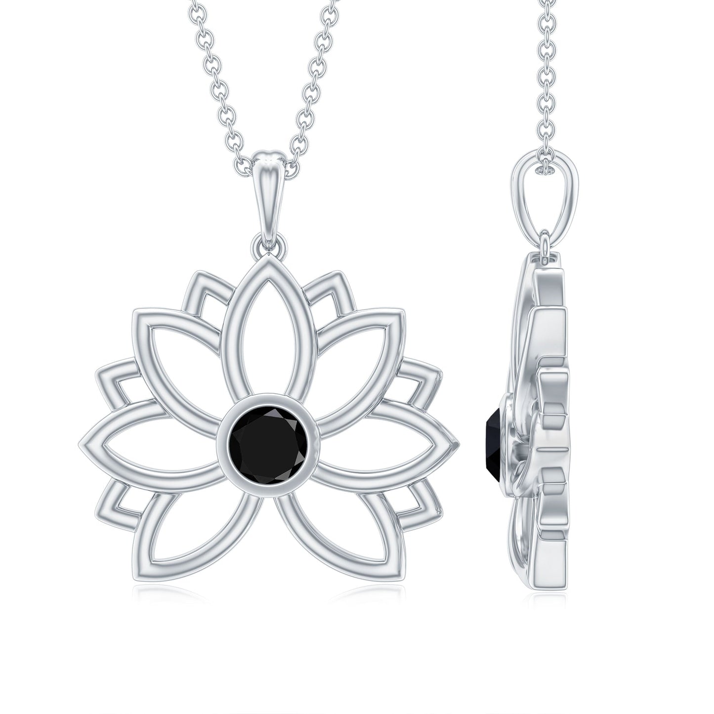 Bezel Set Lab Grown Black Diamond Lotus Flower Necklace