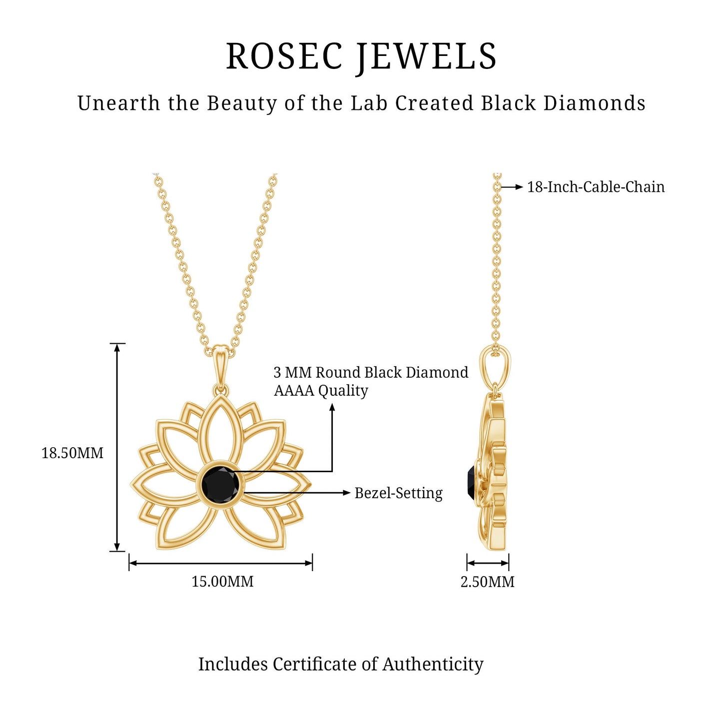 Bezel Set Lab Grown Black Diamond Lotus Flower Necklace