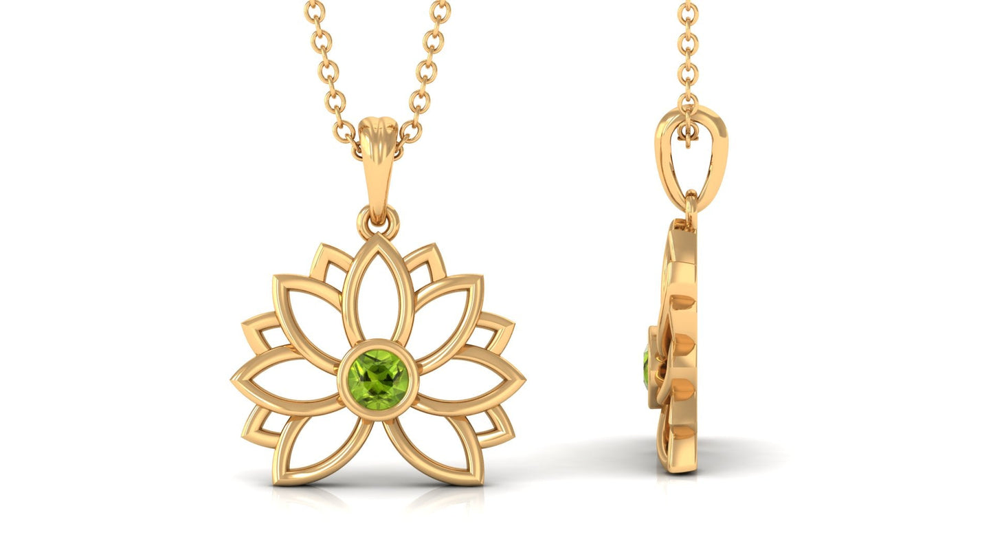 Round Cut Peridot Lotus Flower Pendant for Women